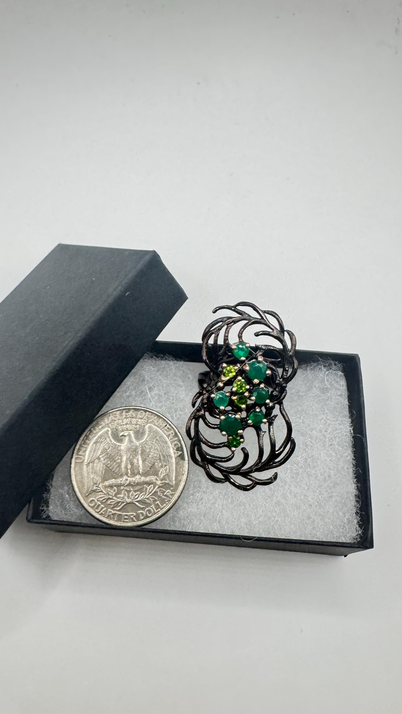 Vintage Green Emerald and Peridot 925 Sterling Silver Cocktail Ring