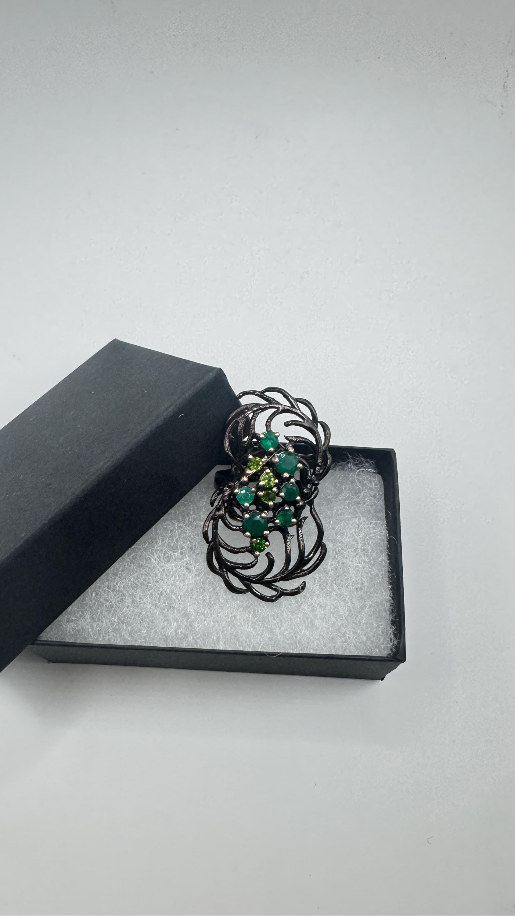 Vintage Green Emerald and Peridot 925 Sterling Silver Cocktail Ring