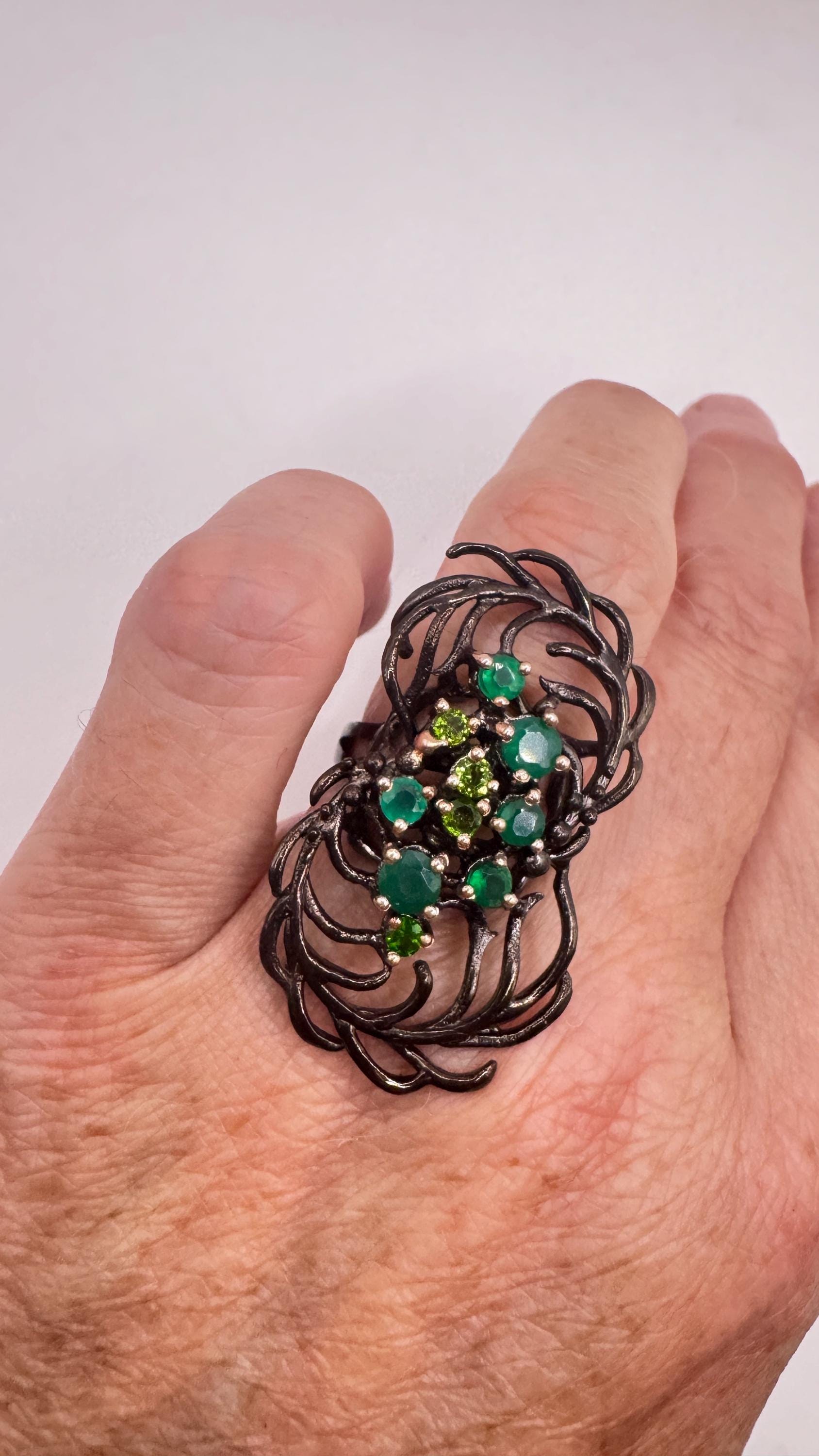 Vintage Green Emerald and Peridot 925 Sterling Silver Cocktail Ring