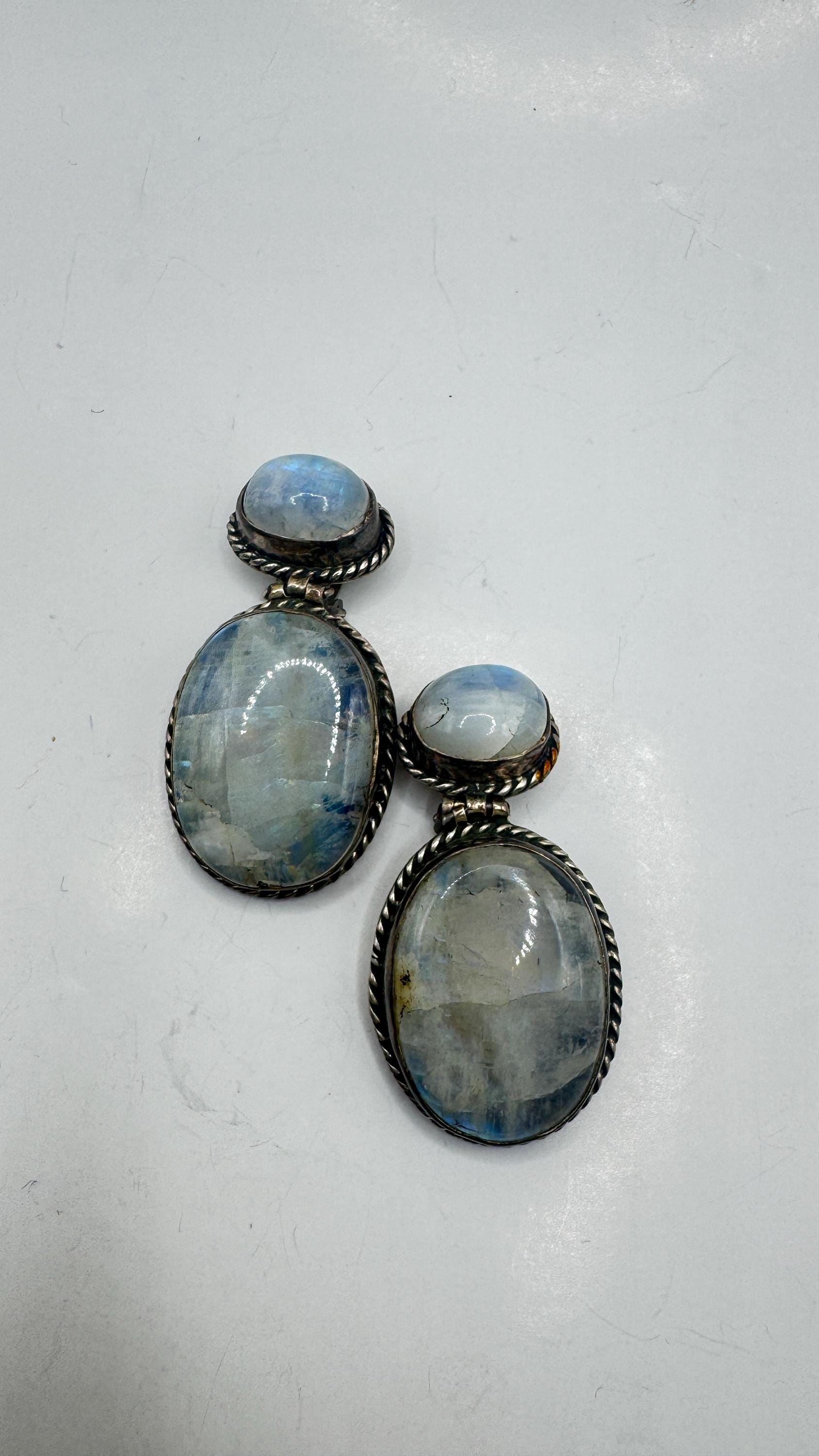 Vintage Rainbow Moonstone Sterling Silver Lever Back Dangle Earrings