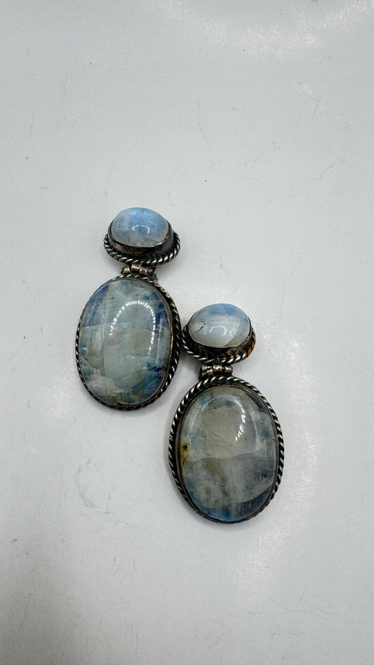 Vintage Rainbow Moonstone Sterling Silver Lever Back Dangle Earrings
