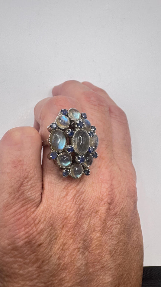 Vintage Labradorite Blue Sapphire 925 Sterling Silver Gothic Ring Size 6.25
