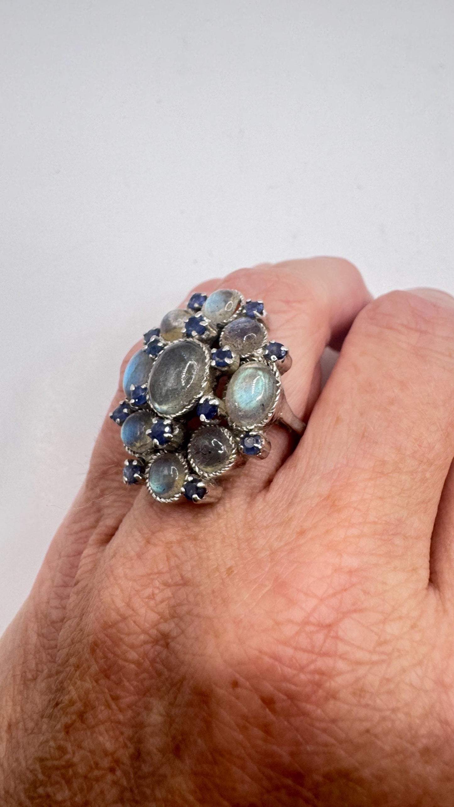 Vintage Labradorite Blue Sapphire 925 Sterling Silver Gothic Ring Size 6.25
