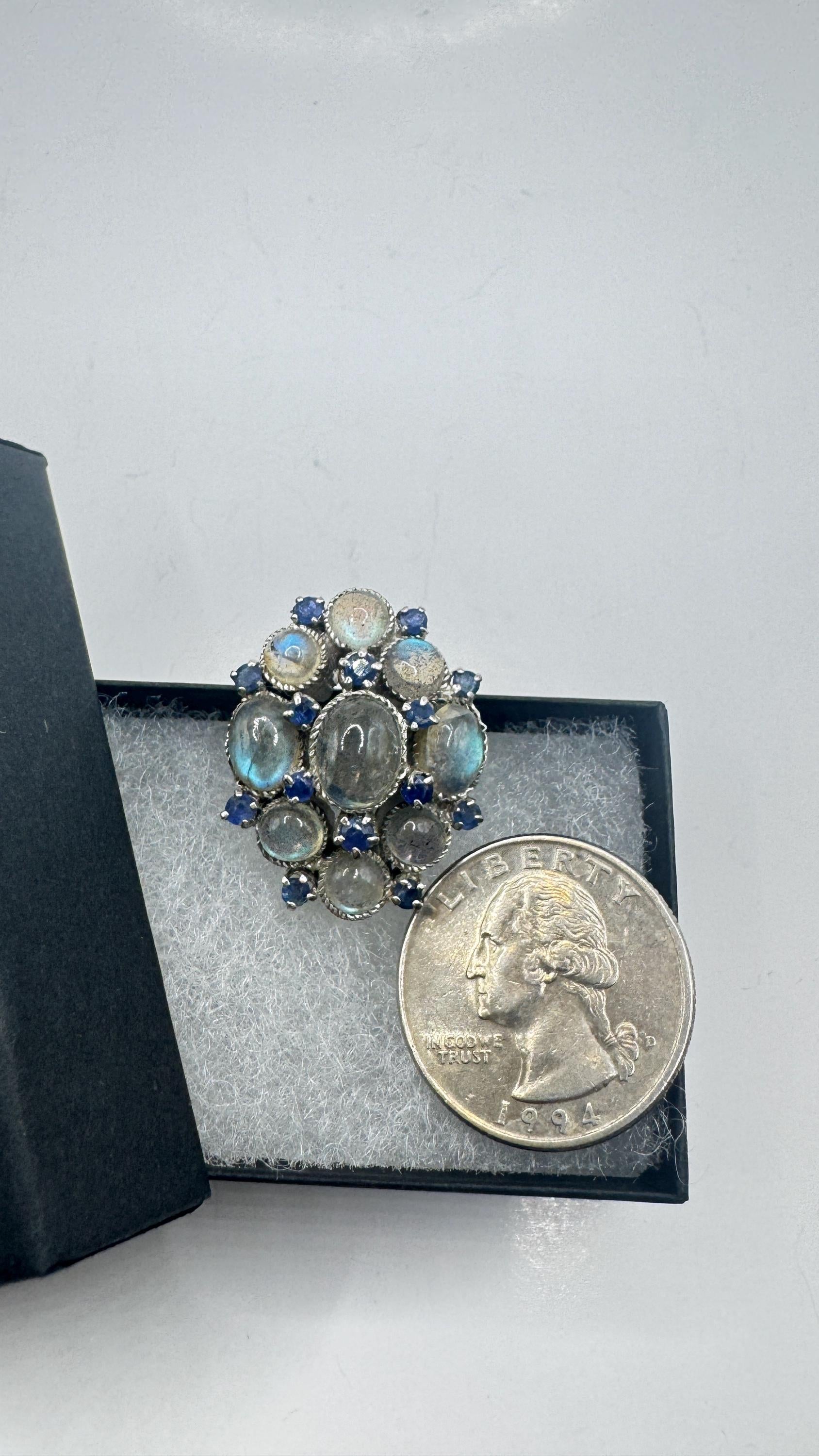Vintage Labradorite Blue Sapphire 925 Sterling Silver Gothic Ring Size 6.25
