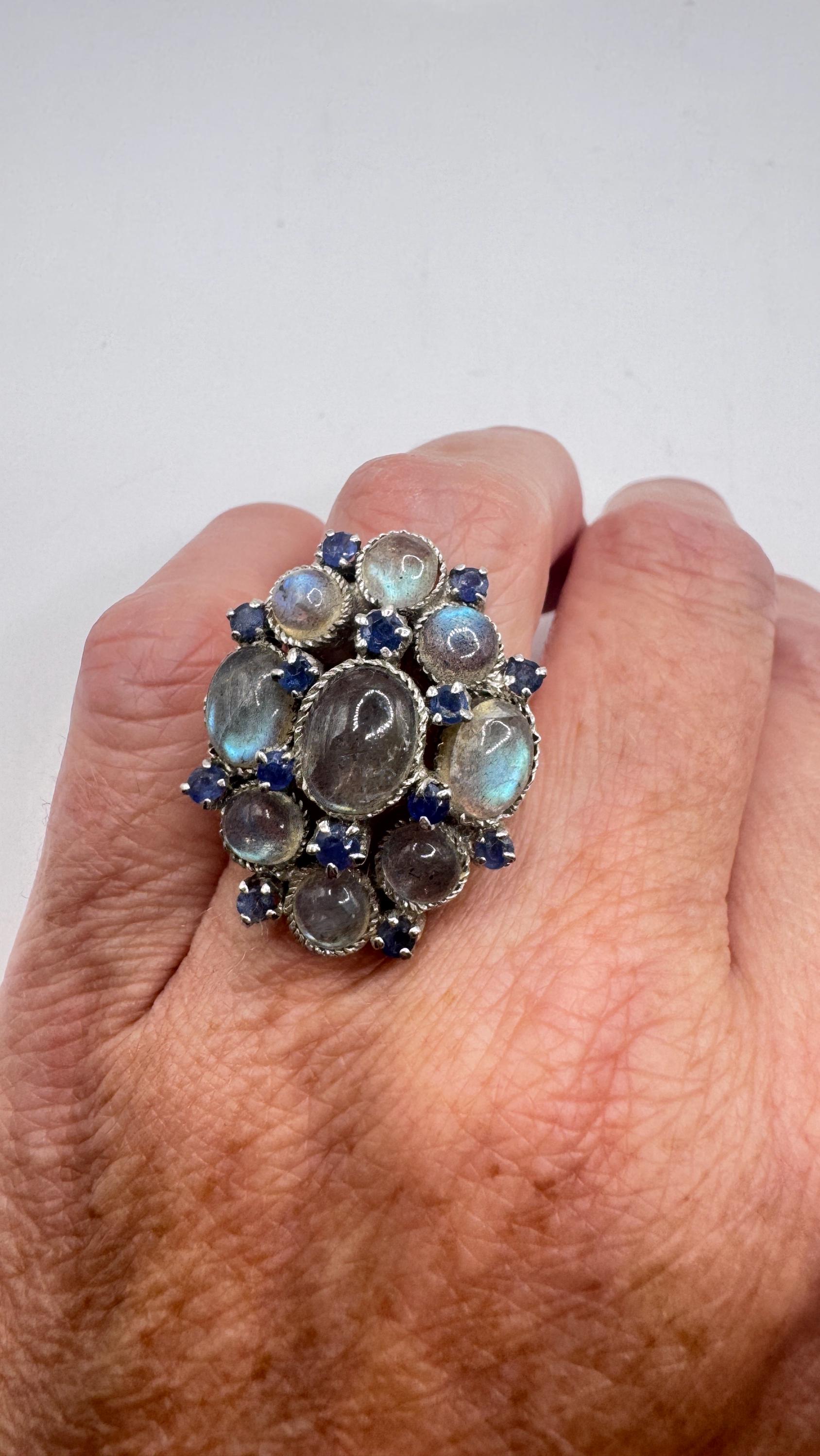 Vintage Labradorite Blue Sapphire 925 Sterling Silver Gothic Ring Size 6.25