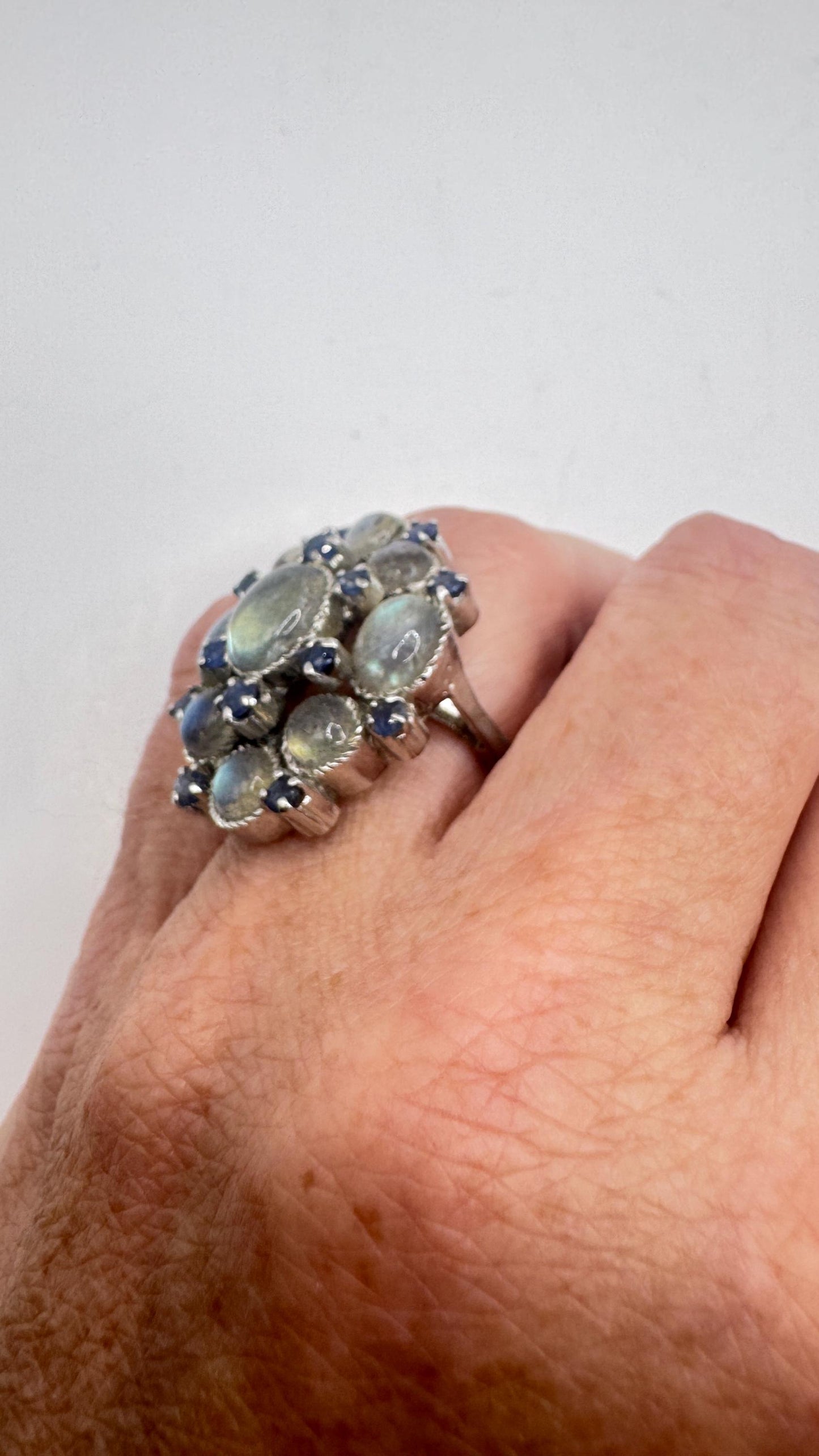 Vintage Labradorite Blue Sapphire 925 Sterling Silver Gothic Ring Size 6.25