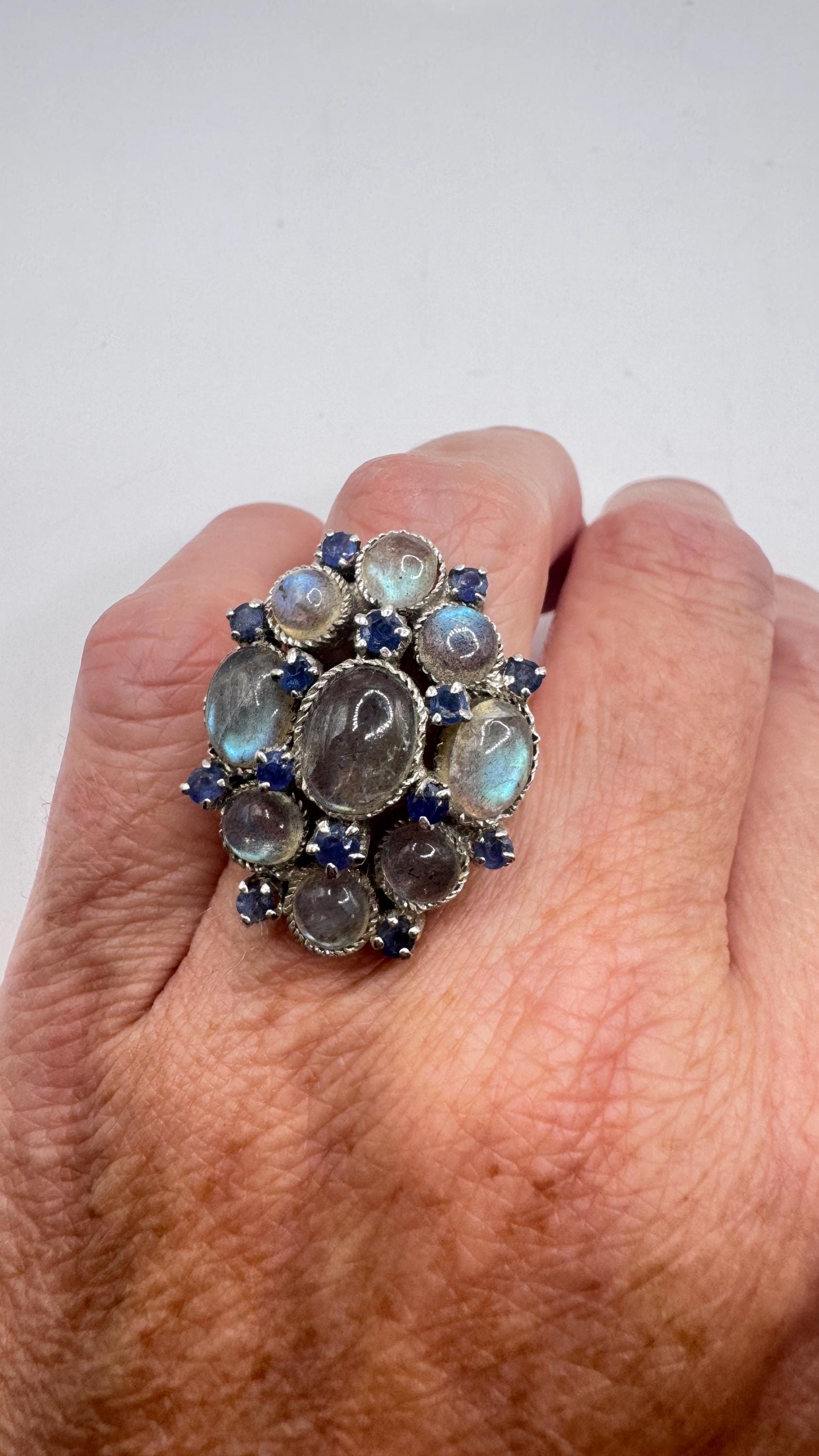 Vintage Labradorite Blue Sapphire 925 Sterling Silver Gothic Ring Size 6.25
