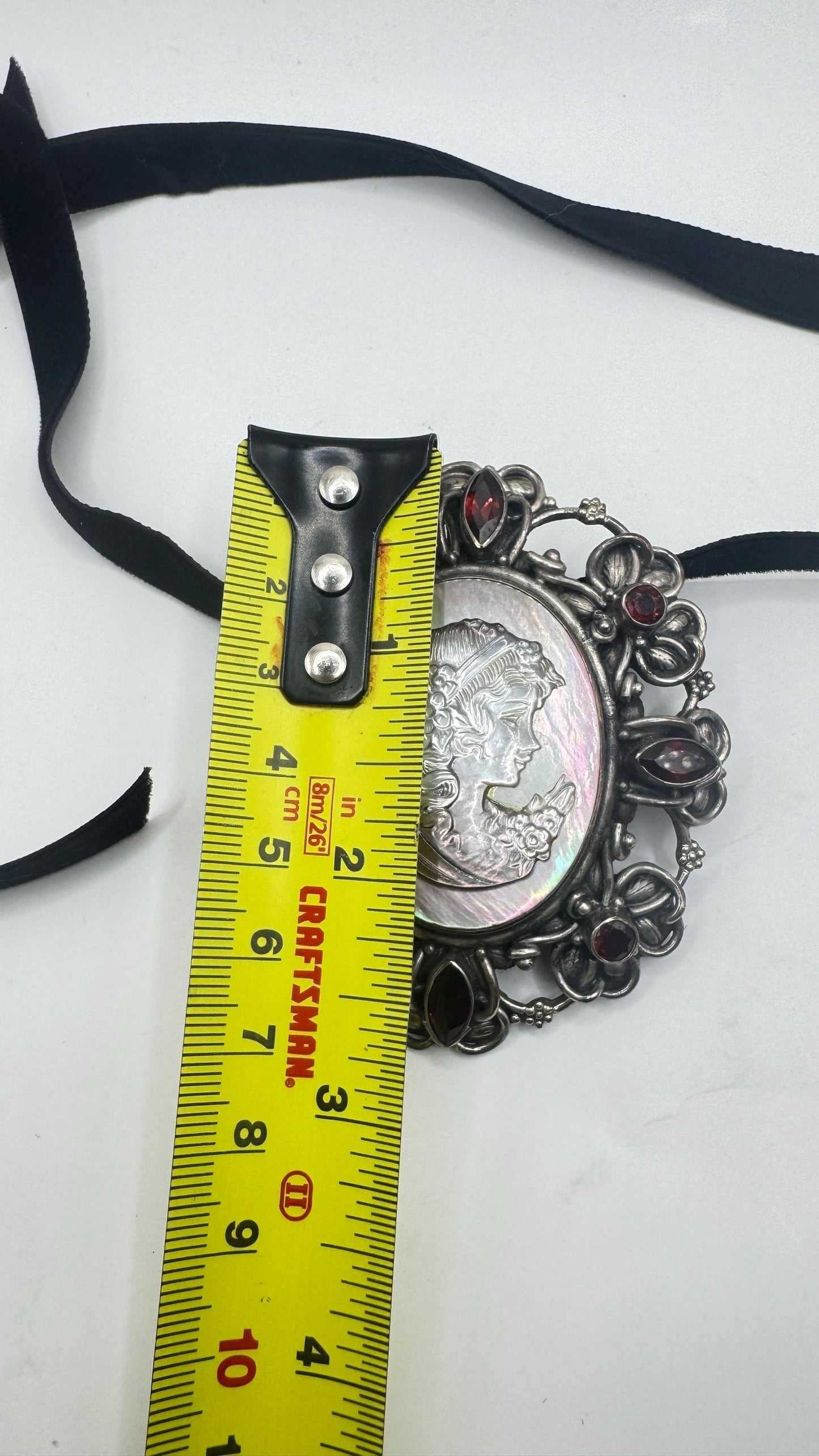 Vintage Black Onyx Mother of Pearl Cameo Choker 925 Sterling Silver Necklace