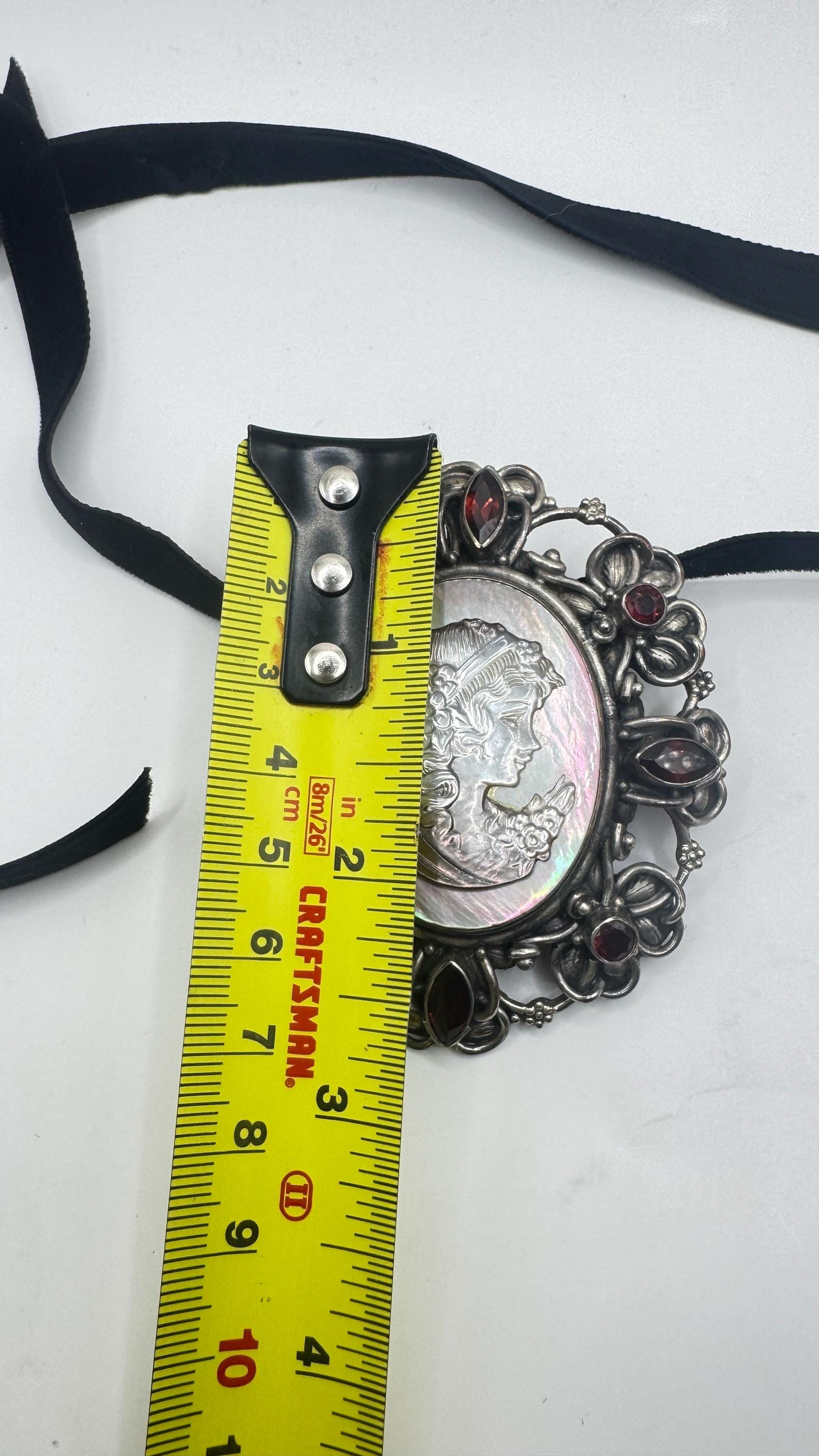 Vintage Black Onyx Mother of Pearl Cameo Choker 925 Sterling Silver Necklace
