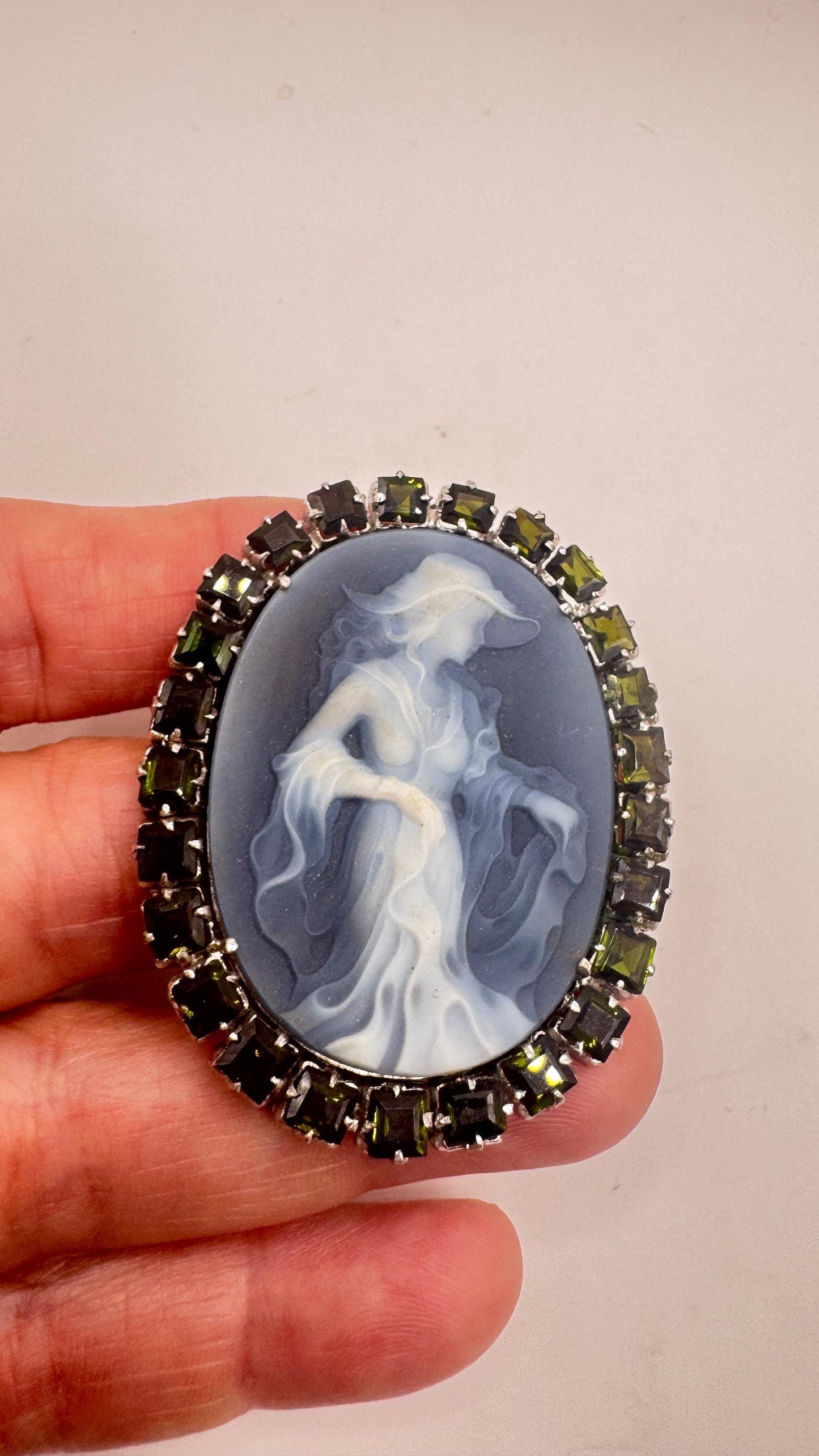 Vintage Moon Goddess Genuine Black Onyx Cameo Gold Sterling Silver Necklace Pin Brooch