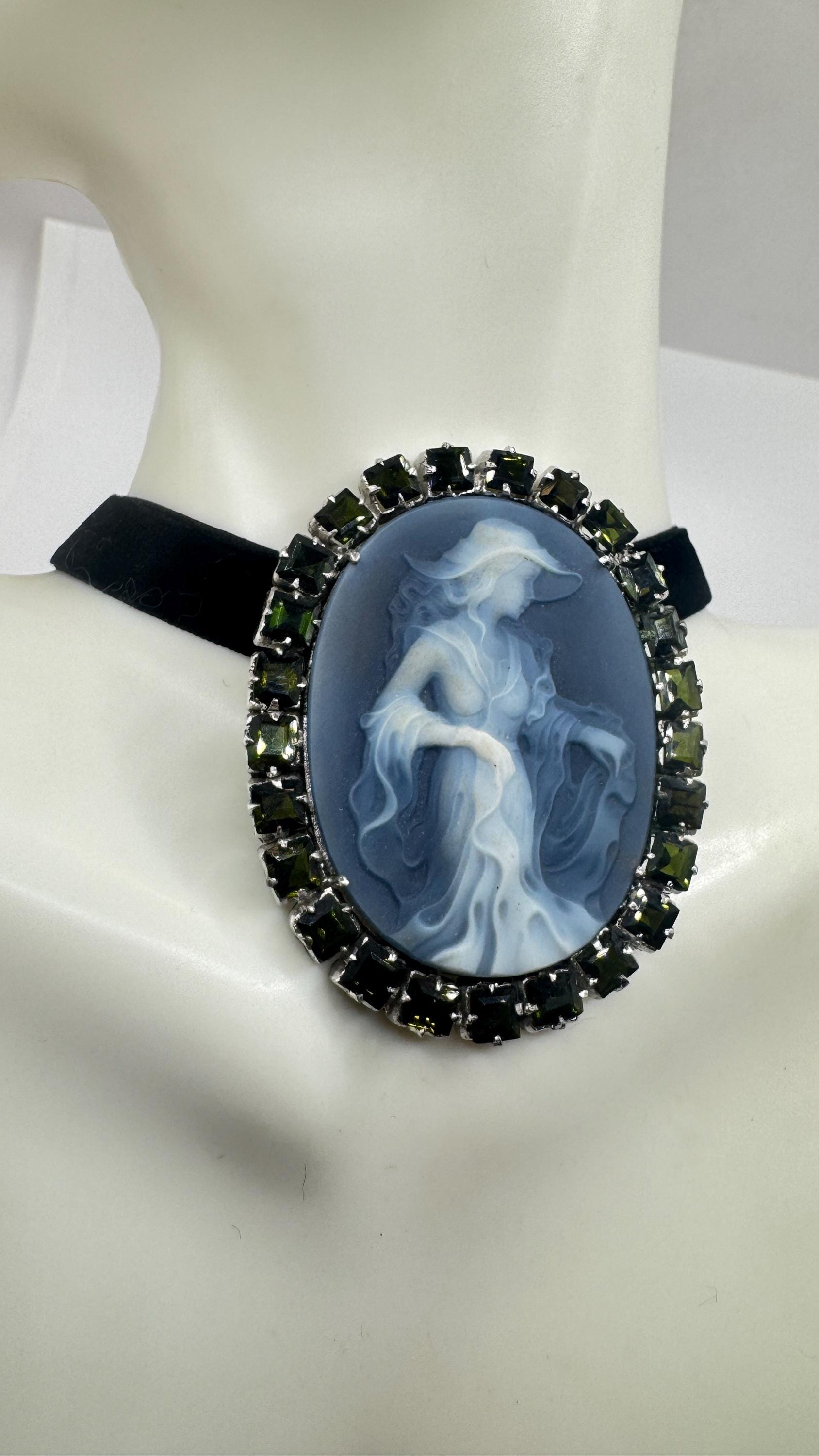 Vintage Moon Goddess Genuine Black Onyx Cameo Gold Sterling Silver Necklace Pin Brooch