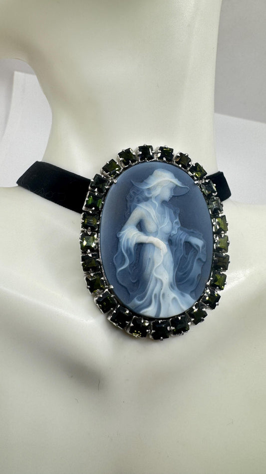 Vintage Moon Goddess Genuine Black Onyx Cameo Gold Sterling Silver Necklace Pin Brooch