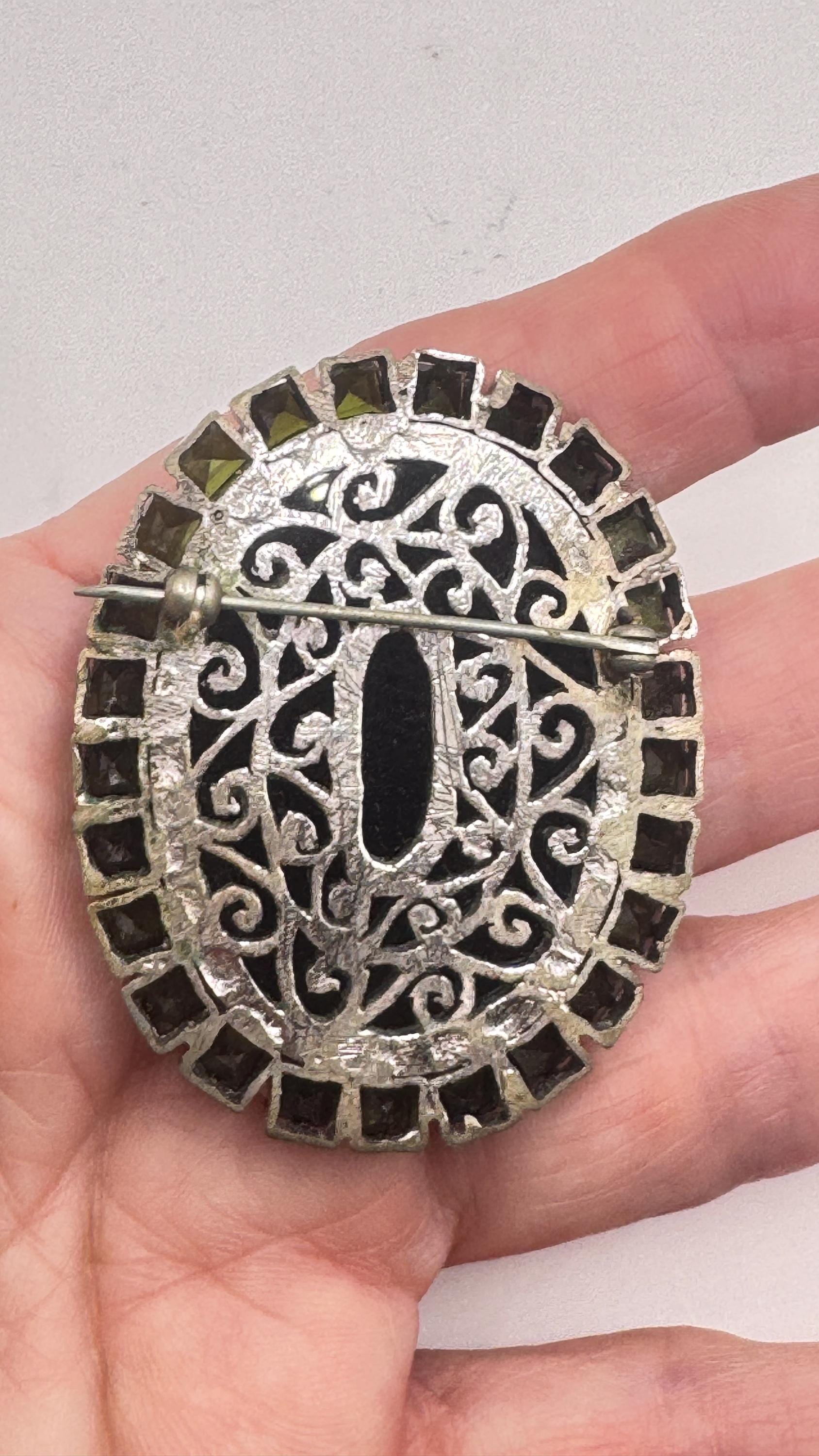 Vintage Moon Goddess Genuine Black Onyx Cameo Gold Sterling Silver Necklace Pin Brooch