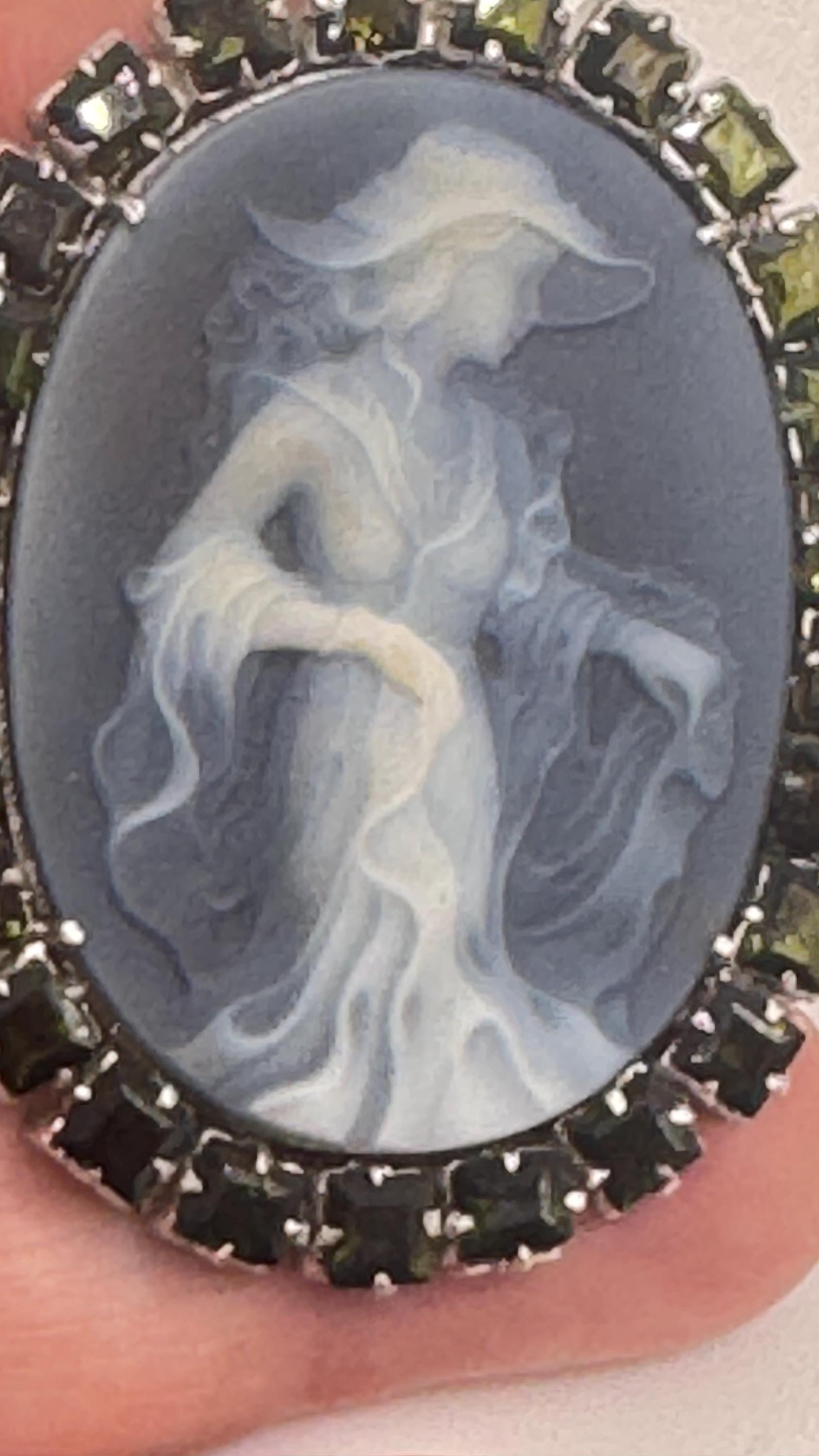 Vintage Moon Goddess Genuine Black Onyx Cameo Gold Sterling Silver Necklace Pin Brooch