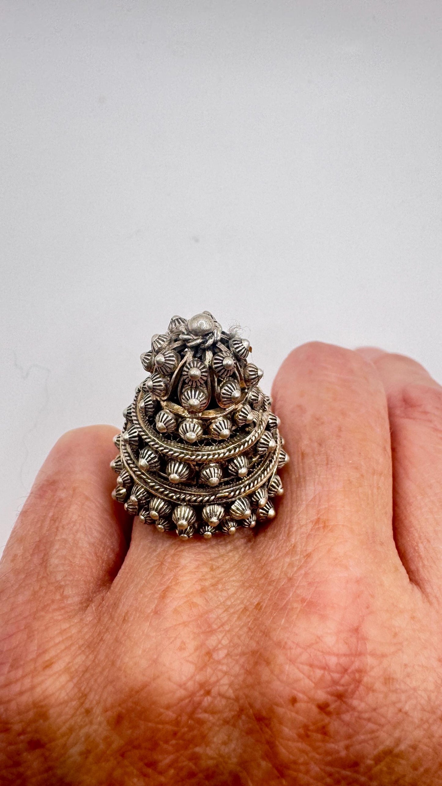 Vintage Rainbow Labradorite silver bronze Poison Pillbox Ring