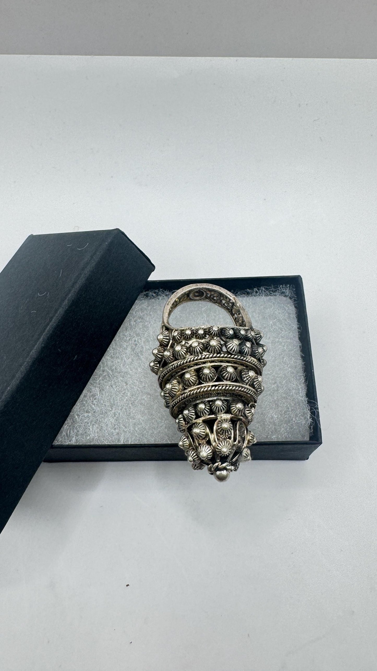 Vintage Rainbow Labradorite silver bronze Poison Pillbox Ring