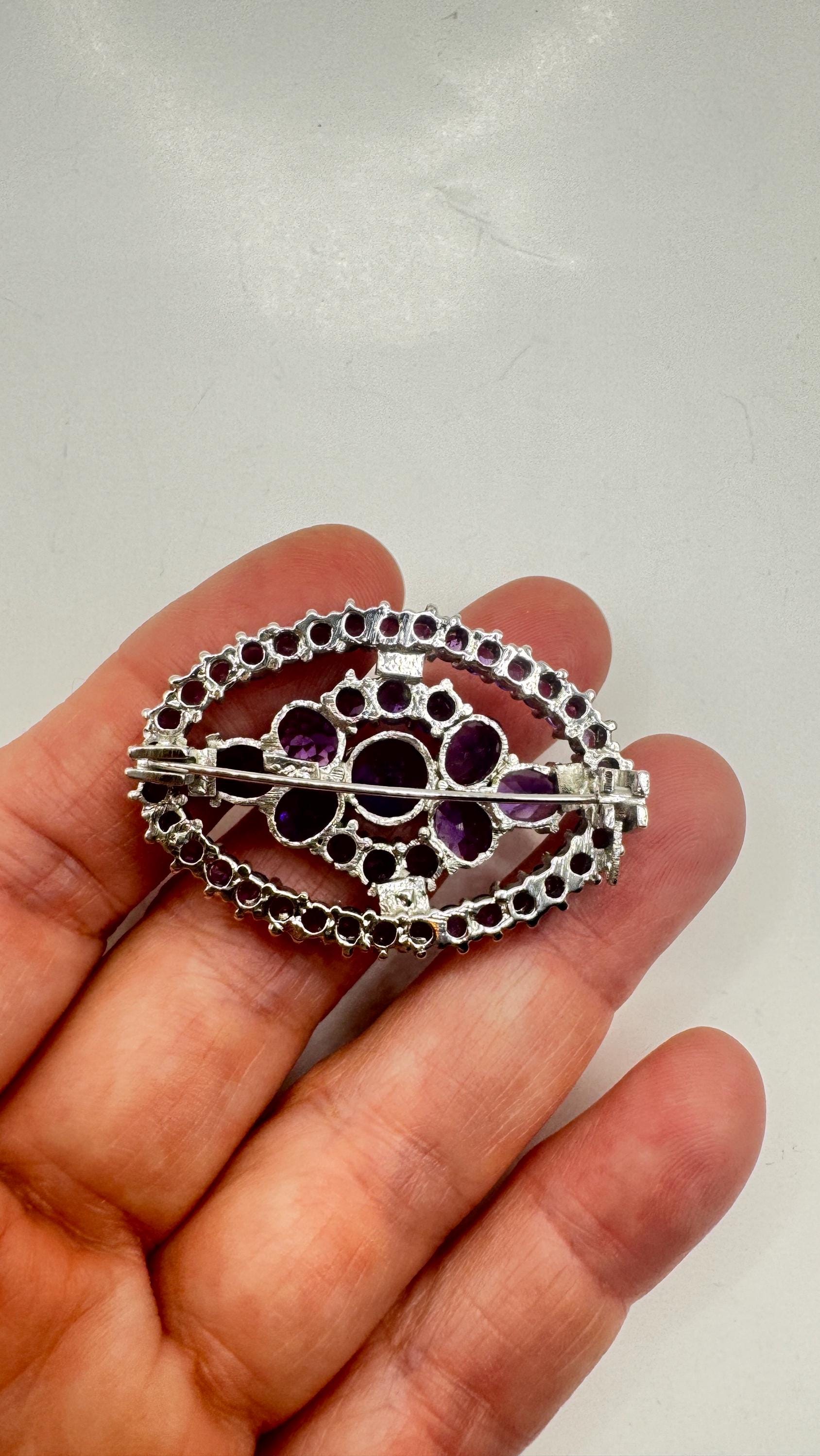 Vintage Amethyst Bar Pin 925 Sterling Silver Brooch