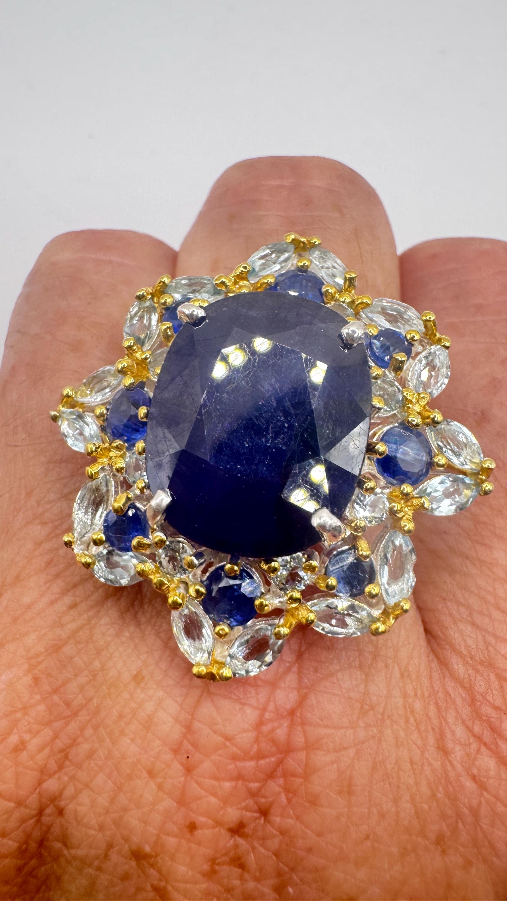 Vintage Blue Sapphire 925 Sterling Silver Gothic Ring Size 8.5