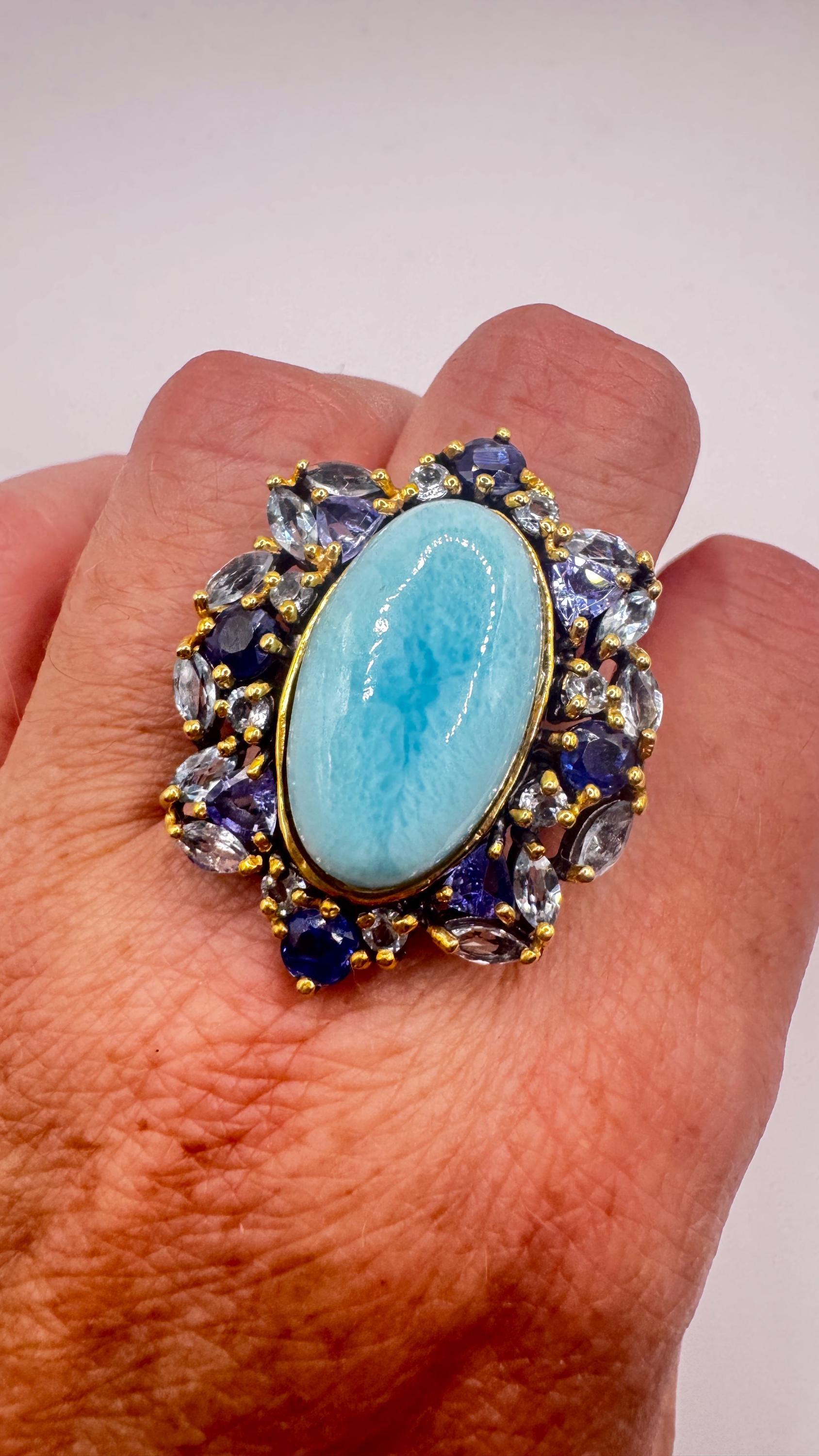 Vintage Blue Larimar Aquamarine Sapphire 925 Sterling Silver Gothic Ring Size 8