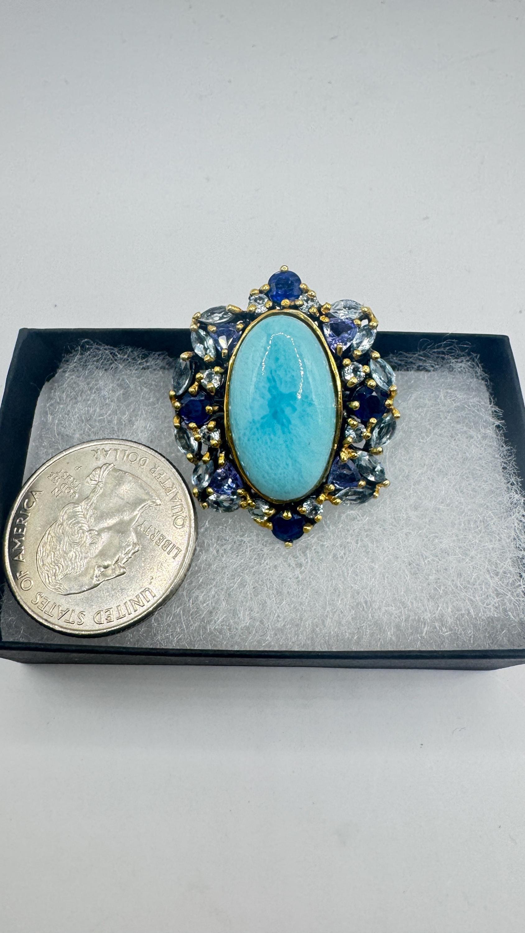 Vintage Blue Larimar Aquamarine Sapphire 925 Sterling Silver Gothic Ring Size 8