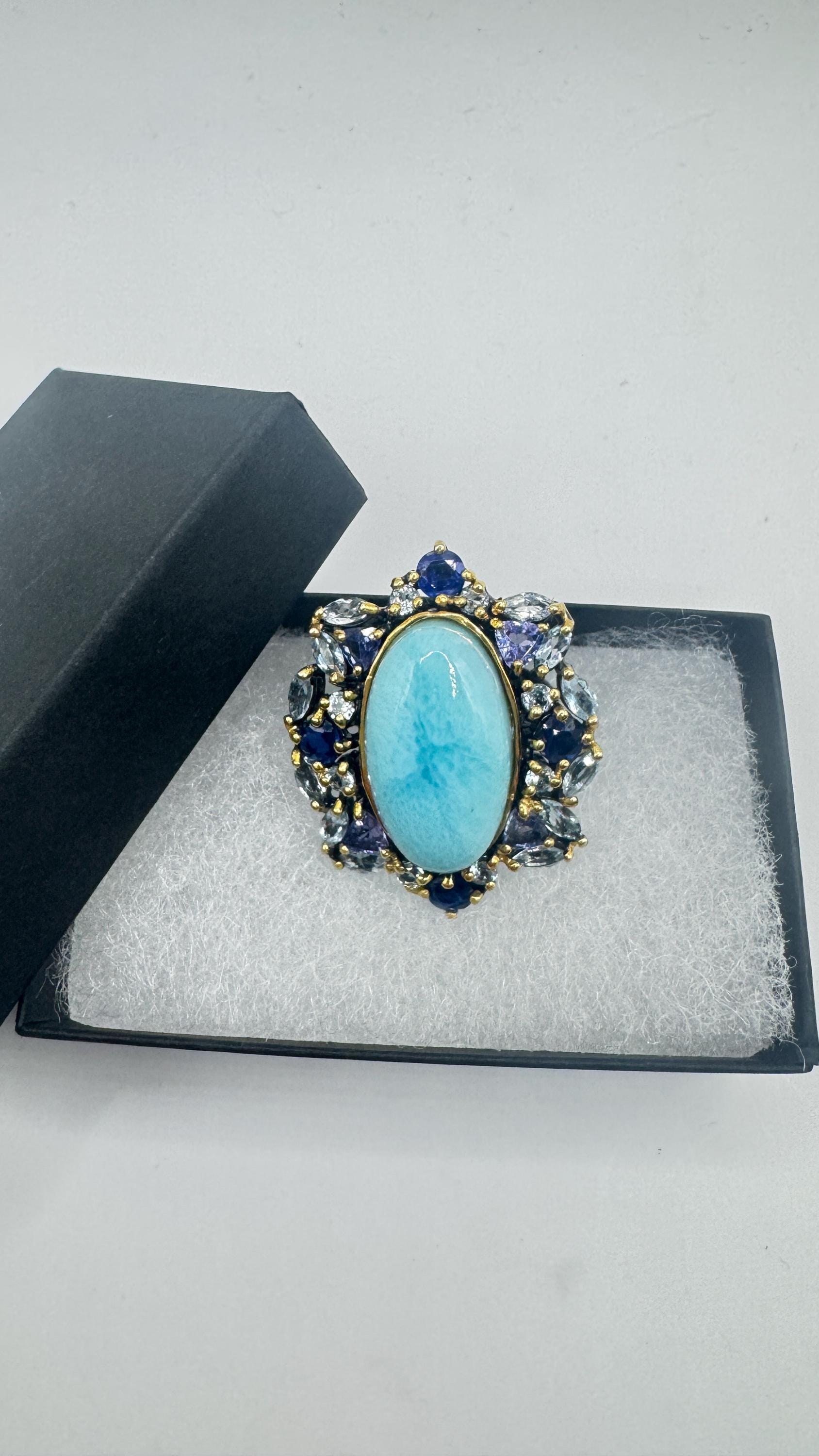 Vintage Blue Larimar Aquamarine Sapphire 925 Sterling Silver Gothic Ring Size 8