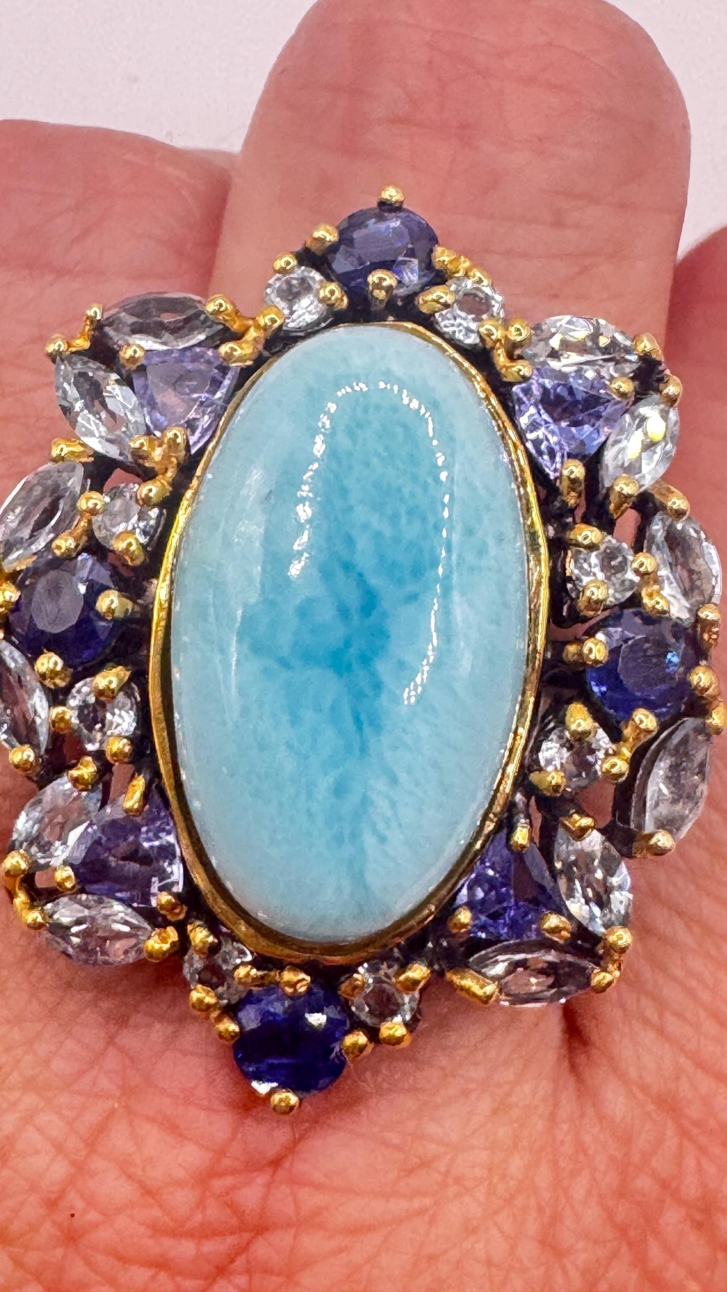 Vintage Blue Larimar Aquamarine Sapphire 925 Sterling Silver Gothic Ring Size 8