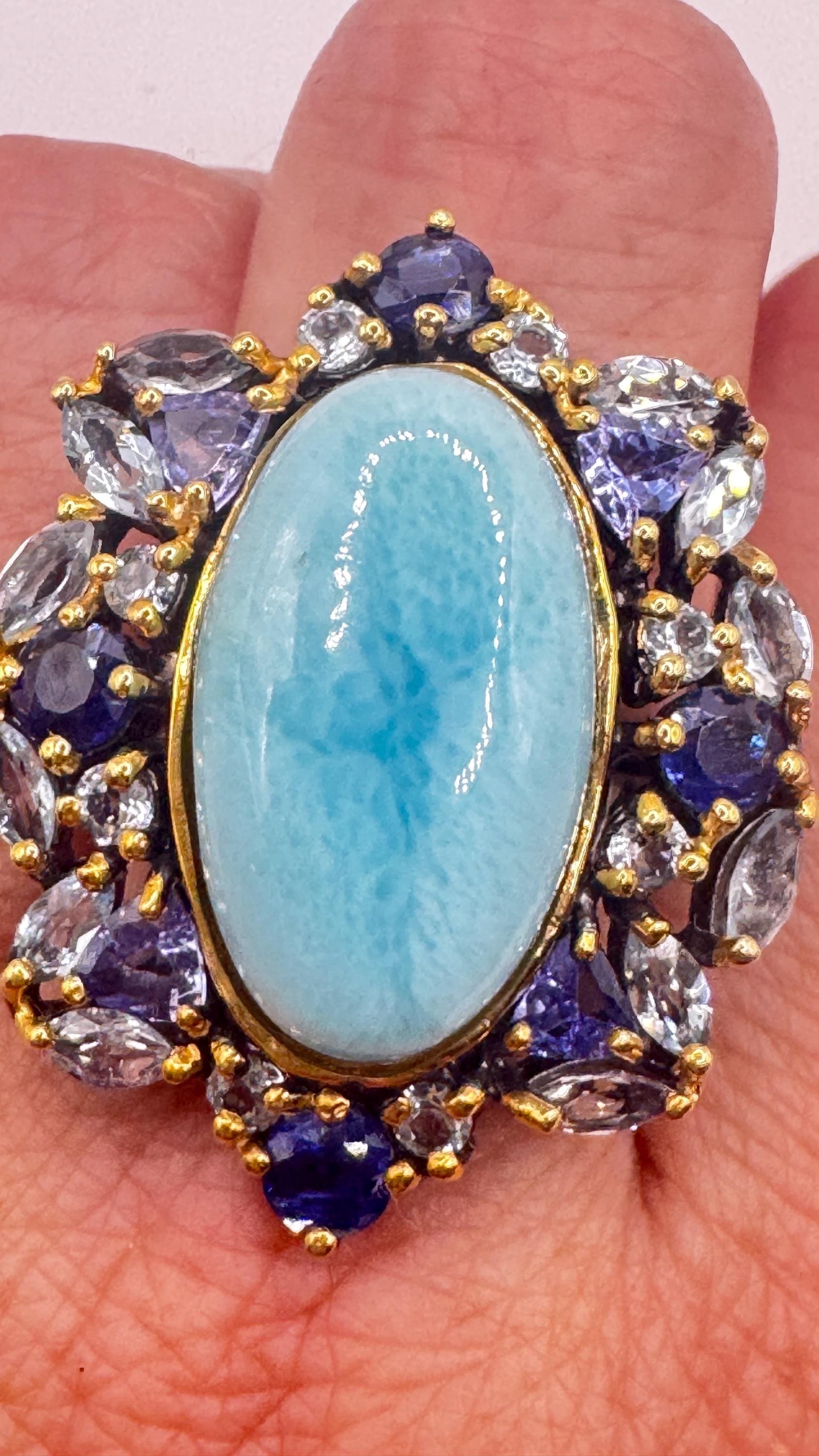 Vintage Blue Larimar Aquamarine Sapphire 925 Sterling Silver Gothic Ring Size 8
