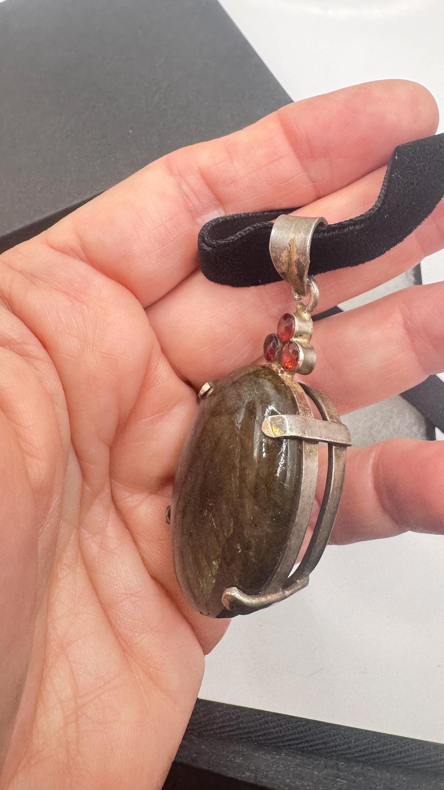 Vintage Labradorite Garnet Choker Black Velvet Necklace 925 Sterling Silver