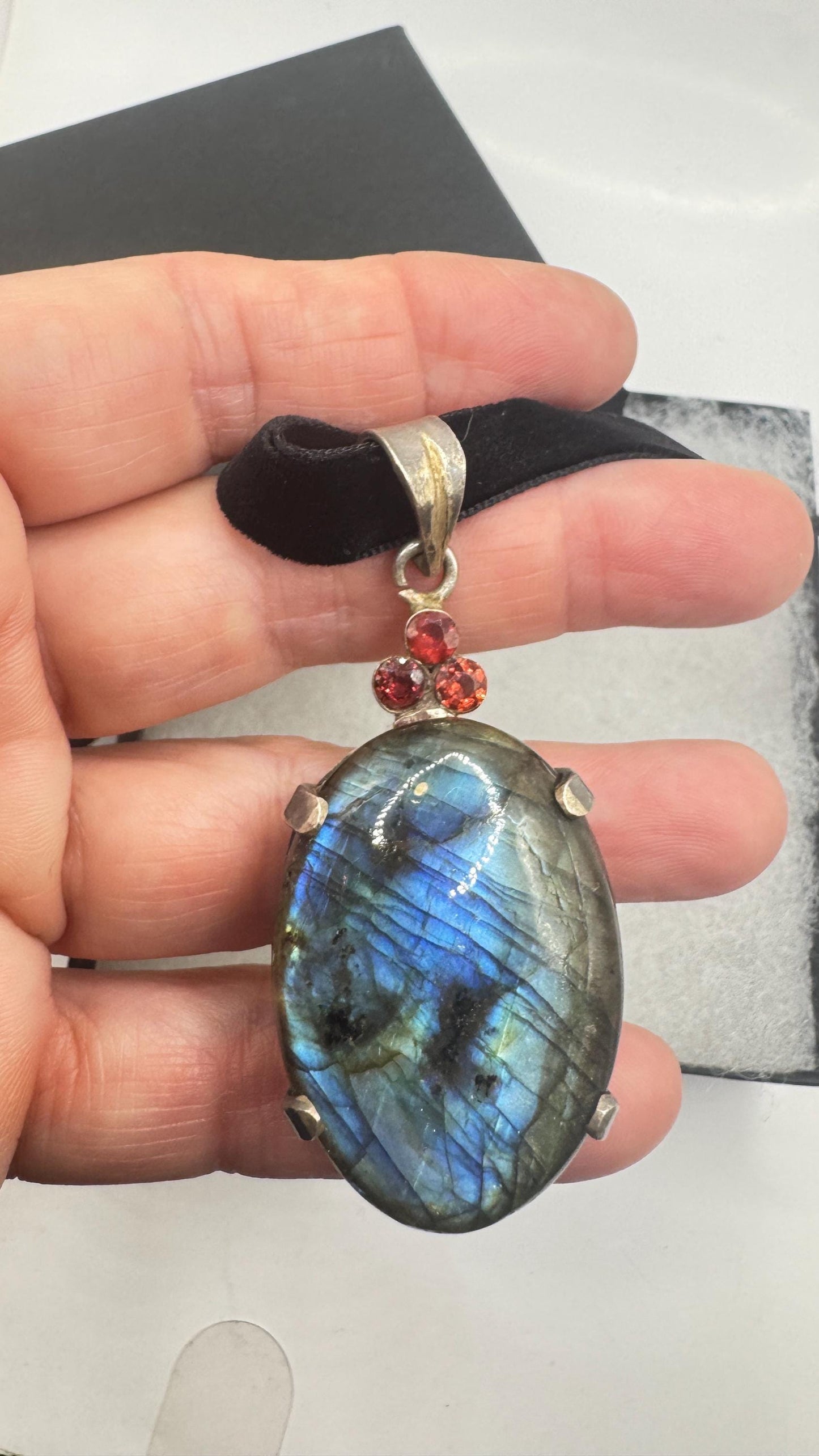Vintage Labradorite Garnet Choker Black Velvet Necklace 925 Sterling Silver