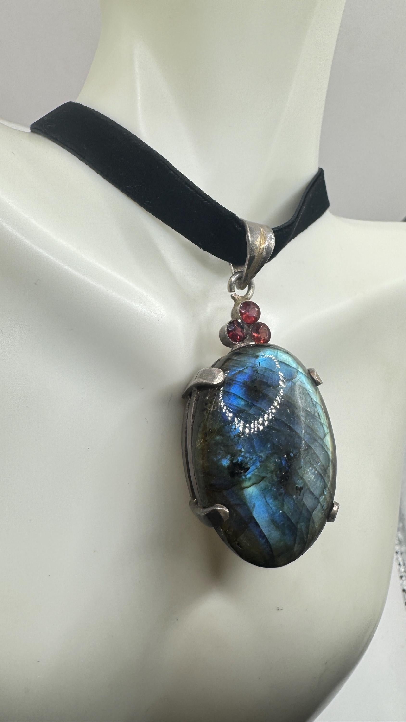 Vintage Labradorite Garnet Choker Black Velvet Necklace 925 Sterling Silver