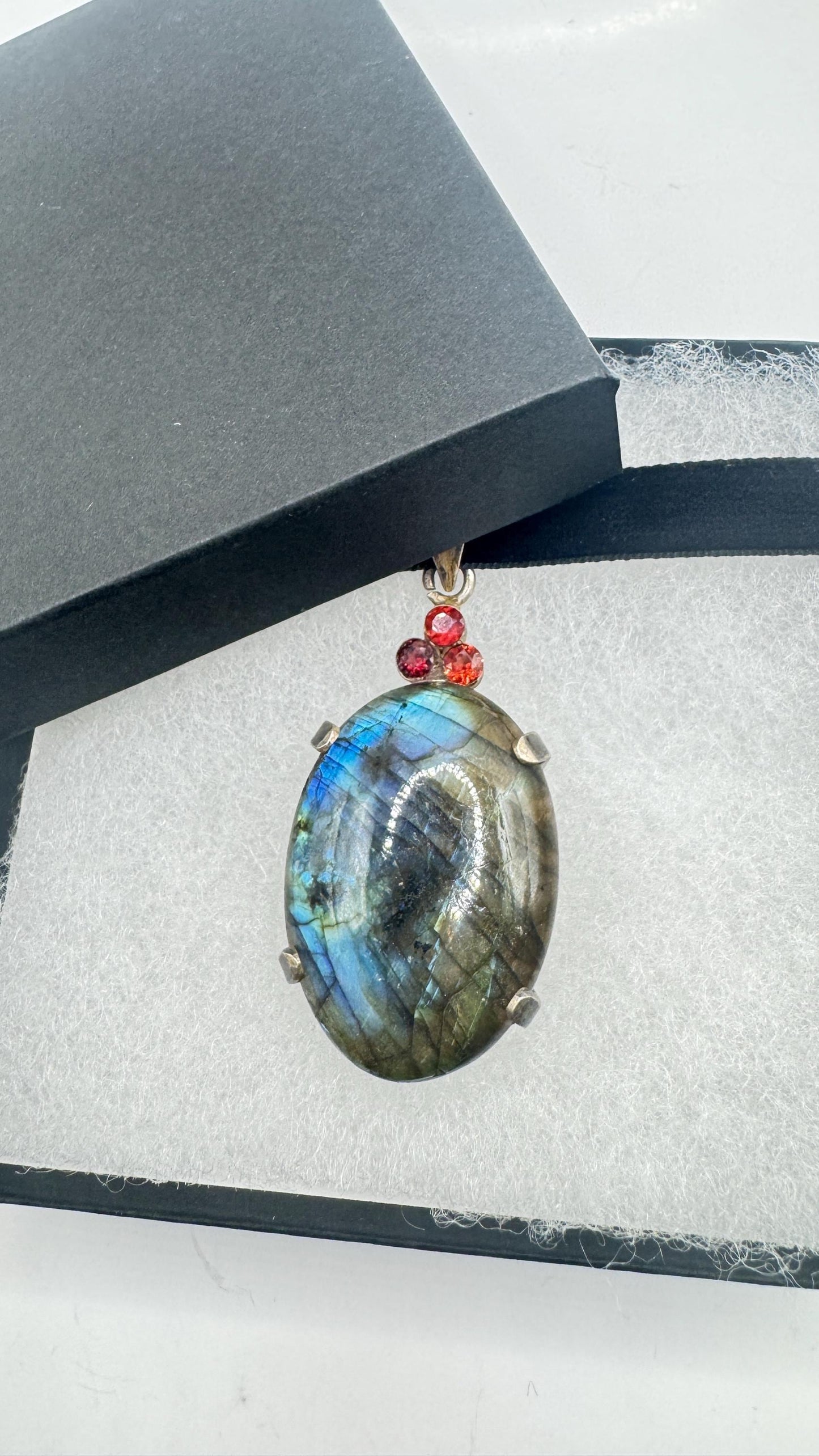 Vintage Labradorite Garnet Choker Black Velvet Necklace 925 Sterling Silver