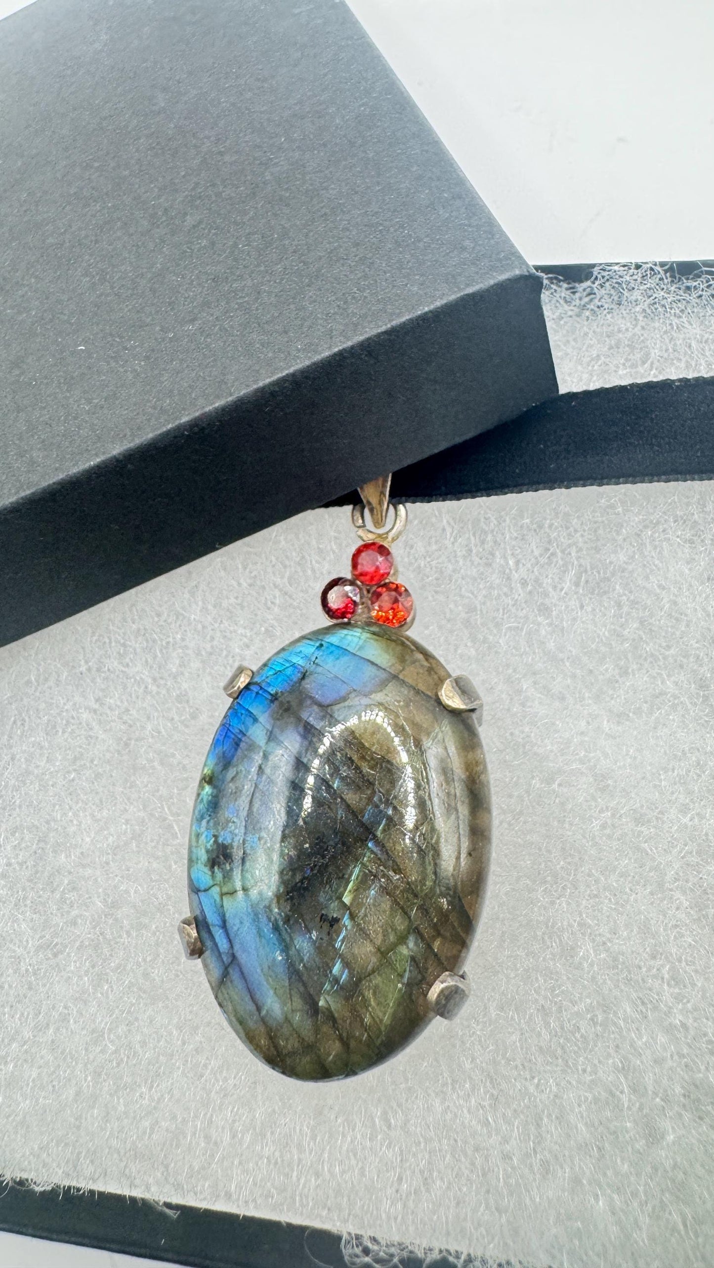 Vintage Labradorite Garnet Choker Black Velvet Necklace 925 Sterling Silver
