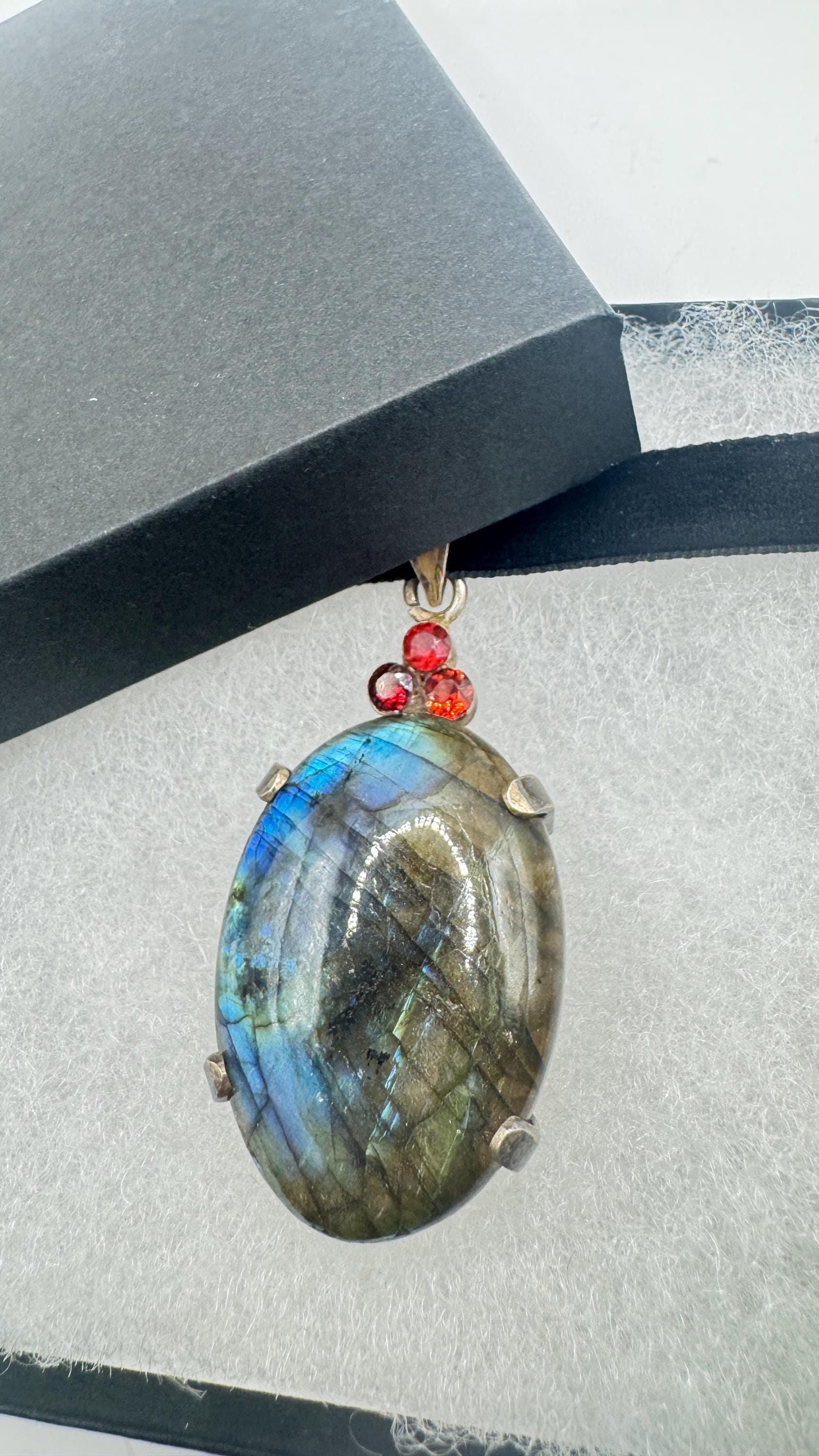Vintage Labradorite Garnet Choker Black Velvet Necklace 925 Sterling Silver
