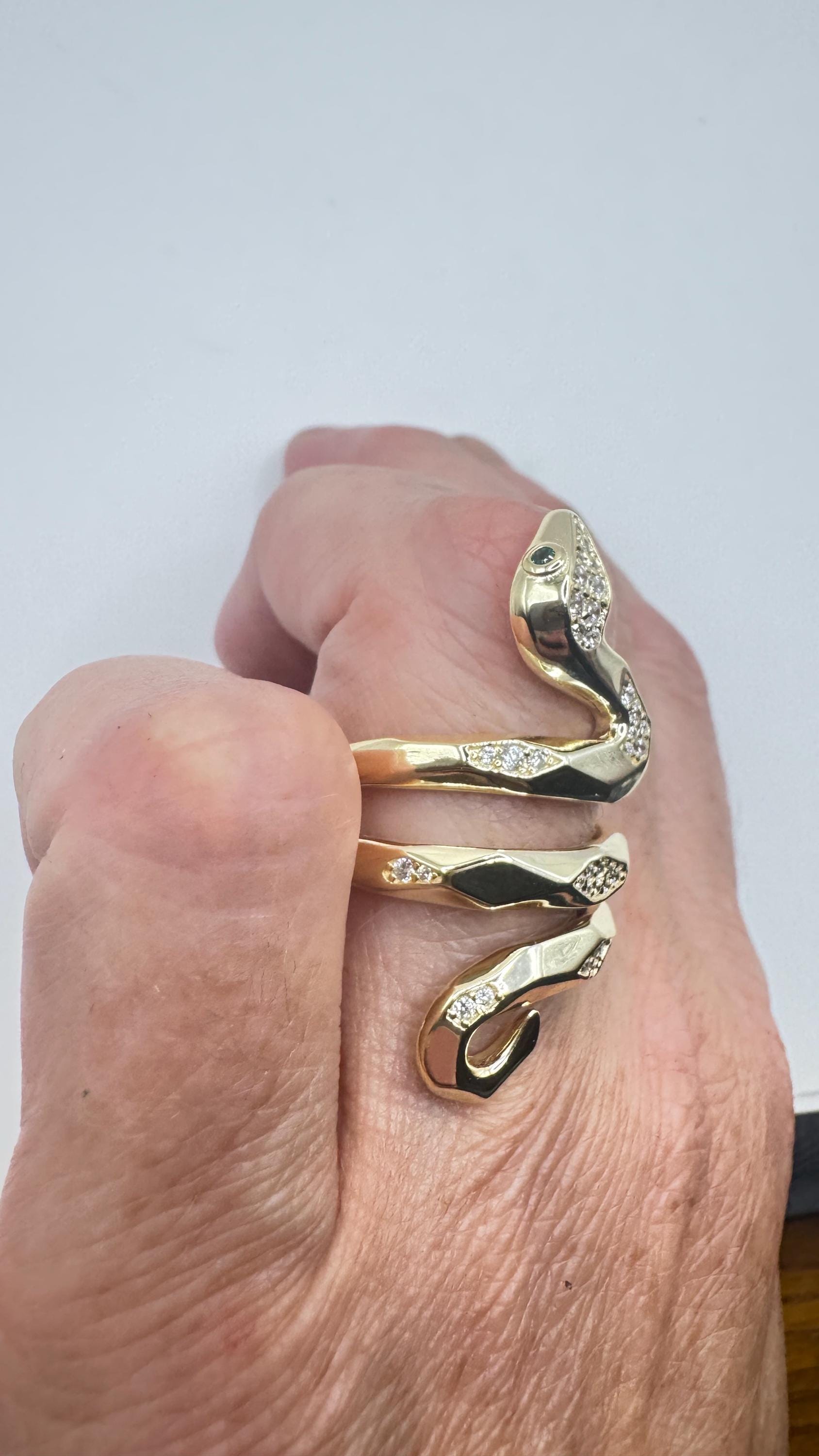 Vintage Crystal Snake Ring Golden 925 Sterling Silver Adjustable
