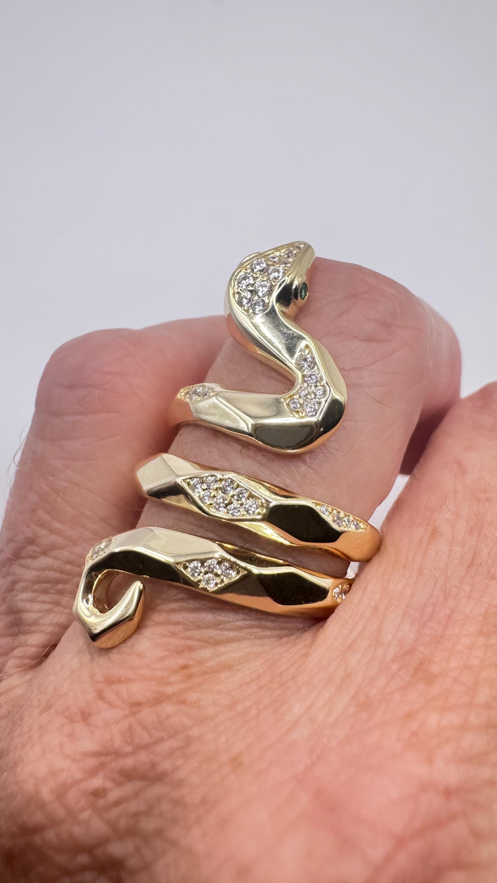 Vintage Crystal Snake Ring Golden 925 Sterling Silver Adjustable