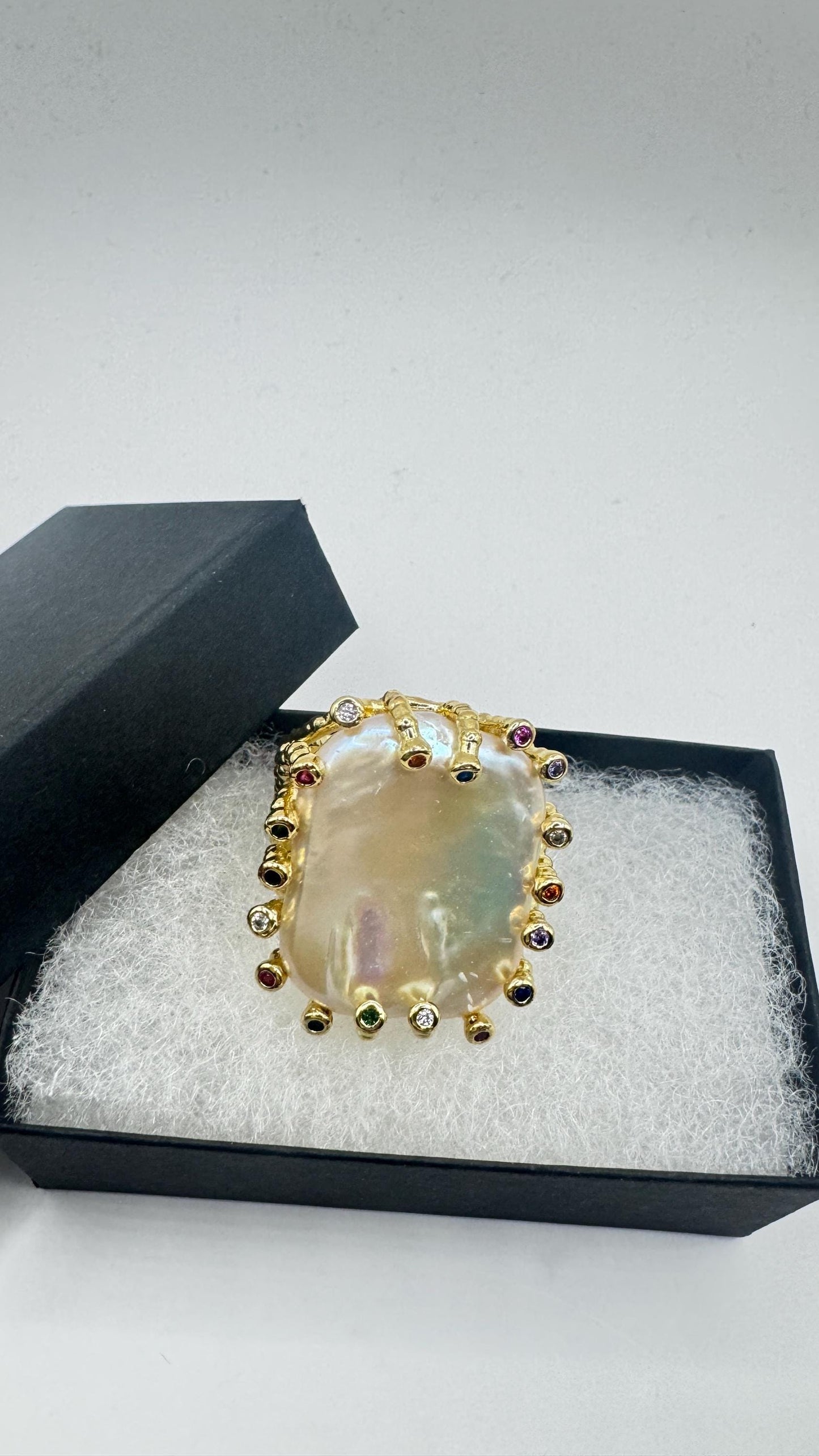 Vintage Biwa Pearl Ring Golden 925 Sterling Silver Cocktail Statement Adjustable