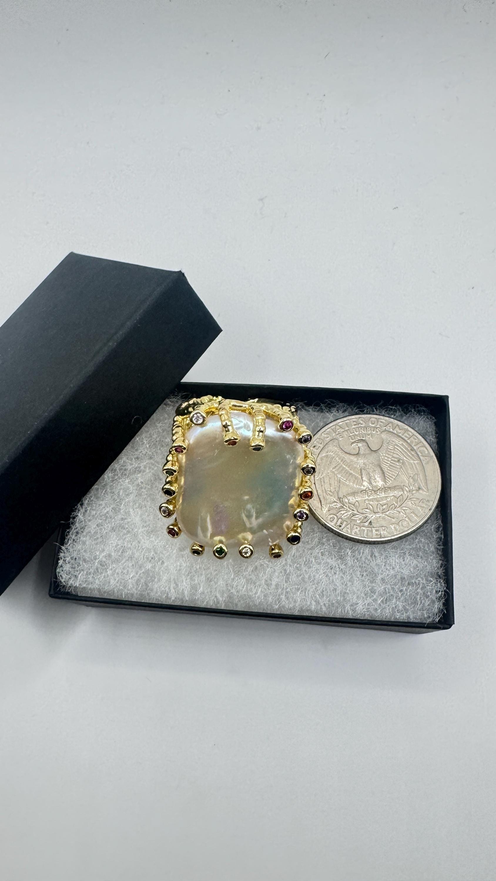 Vintage Biwa Pearl Ring Golden 925 Sterling Silver Cocktail Statement Adjustable