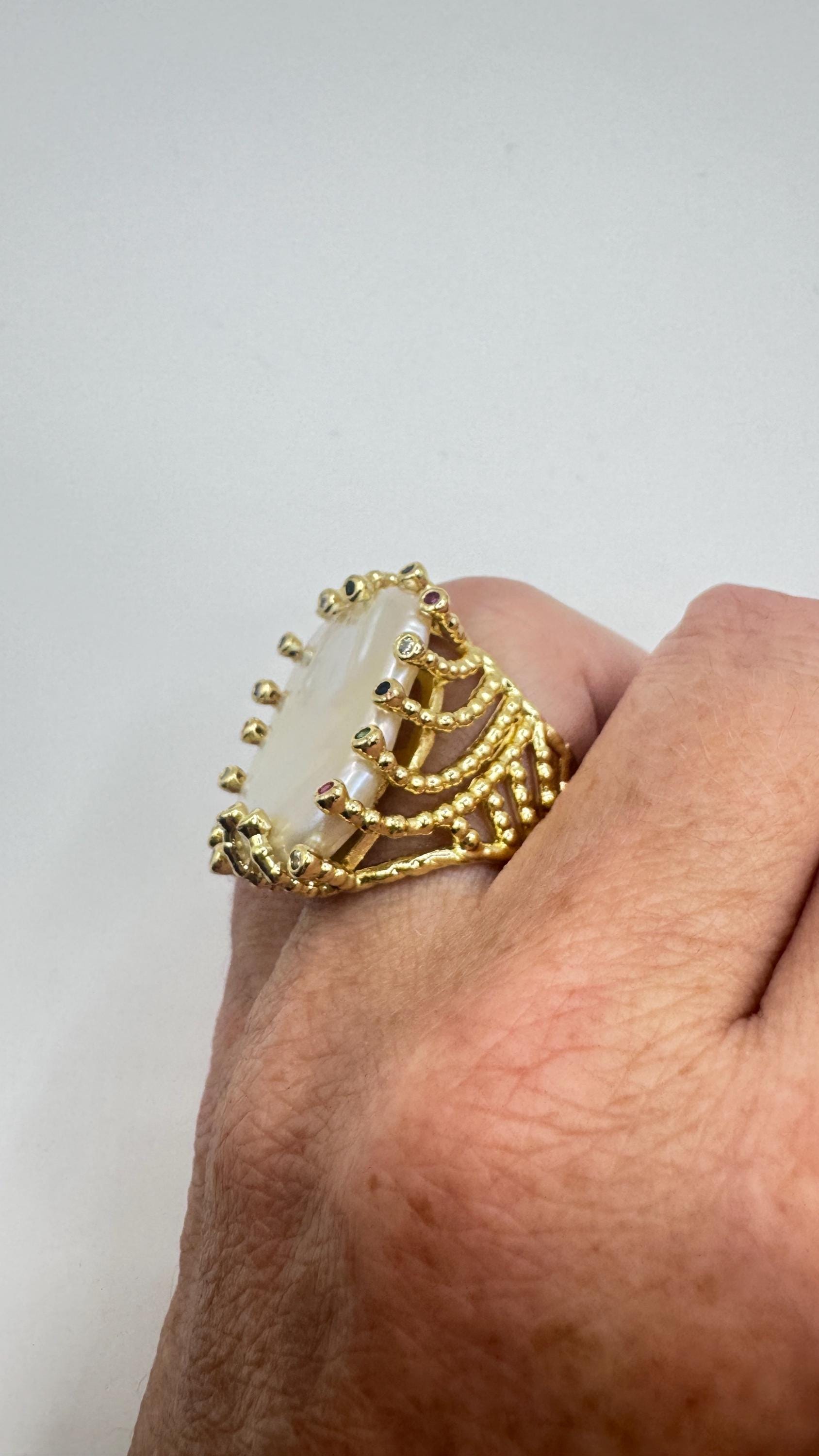 Vintage Biwa Pearl Ring Golden 925 Sterling Silver Cocktail Statement Adjustable