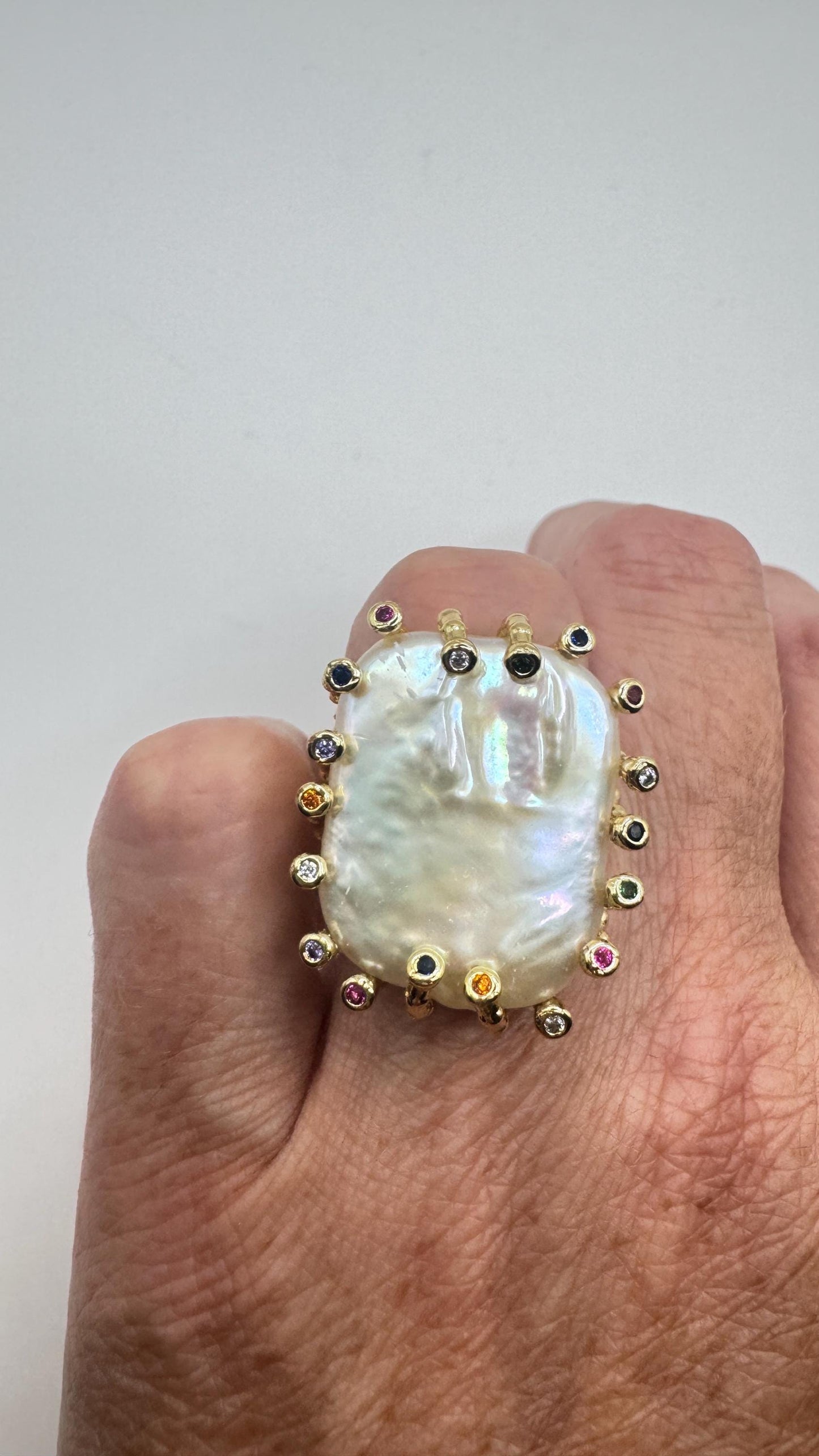 Vintage Biwa Pearl Ring Golden 925 Sterling Silver Cocktail Statement Adjustable