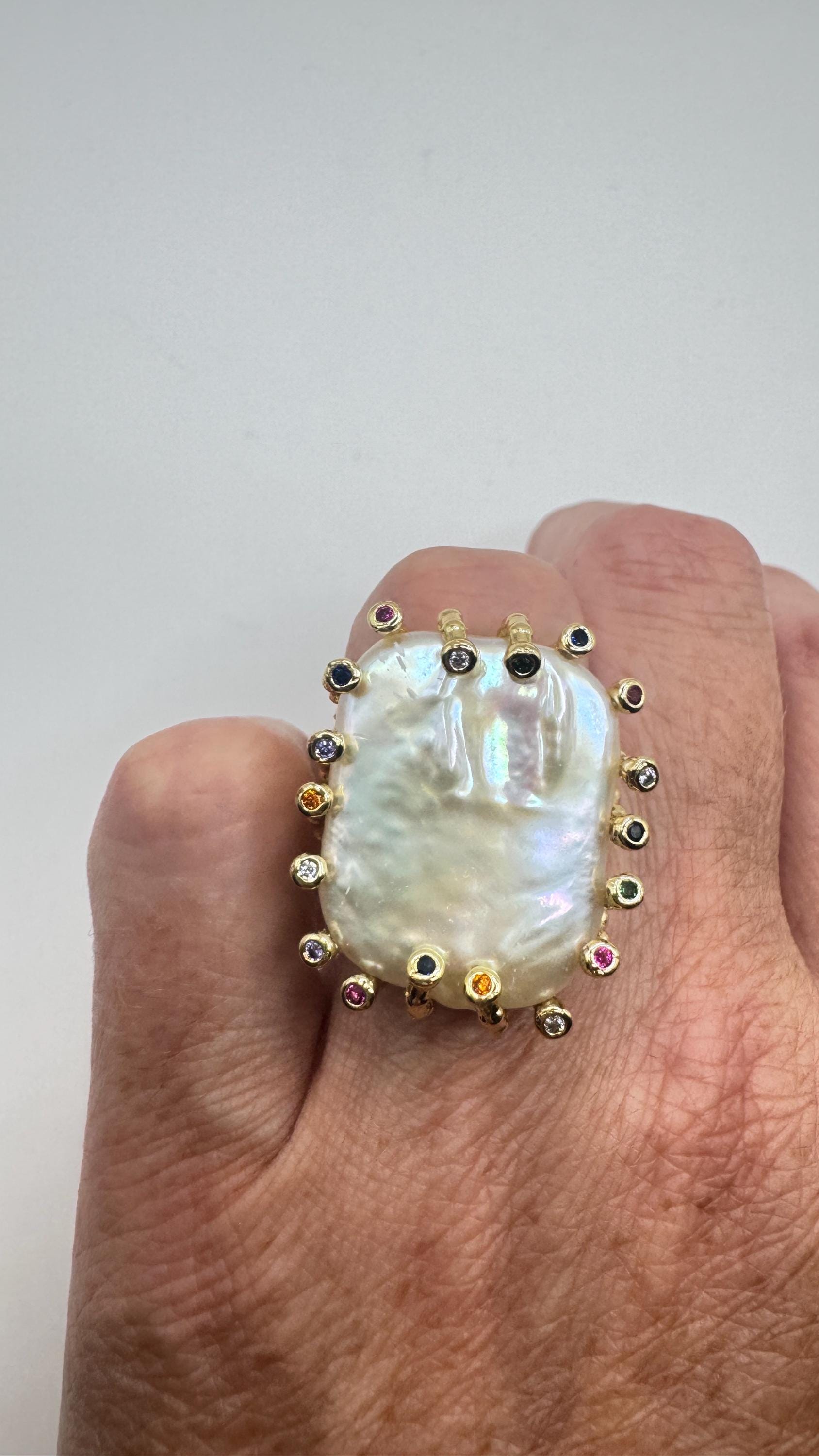 Vintage Biwa Pearl Ring Golden 925 Sterling Silver Cocktail Statement Adjustable