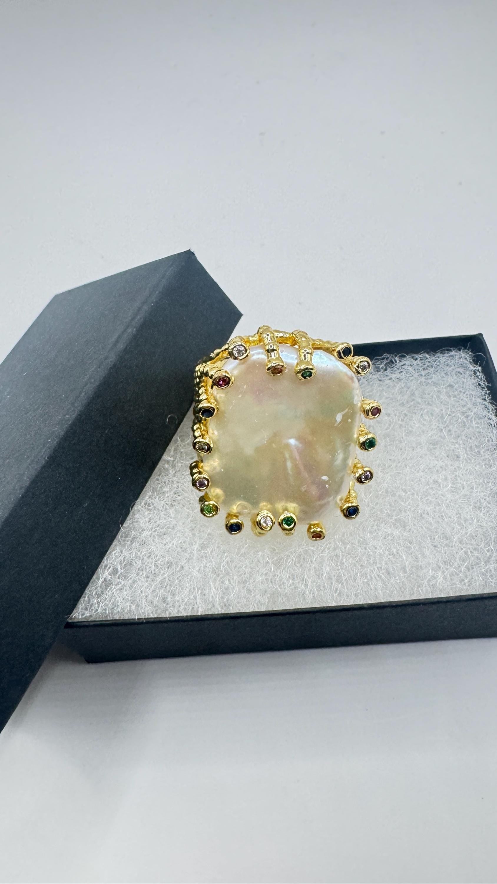 Vintage Biwa Pearl Ring Golden 925 Sterling Silver Cocktail Statement Adjustable