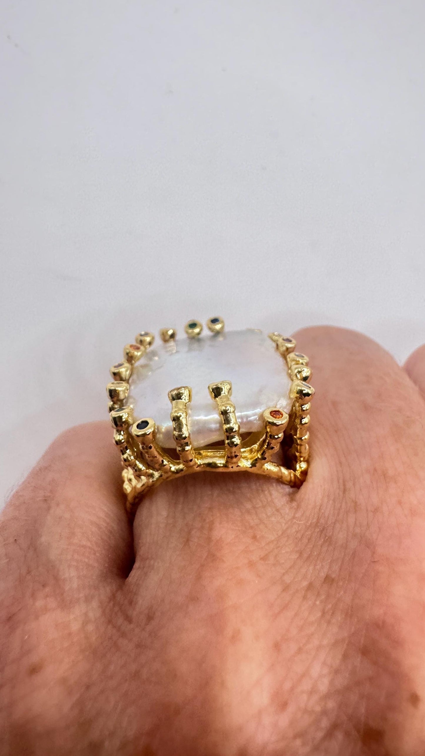 Vintage Biwa Pearl Ring Golden 925 Sterling Silver Cocktail Statement Adjustable
