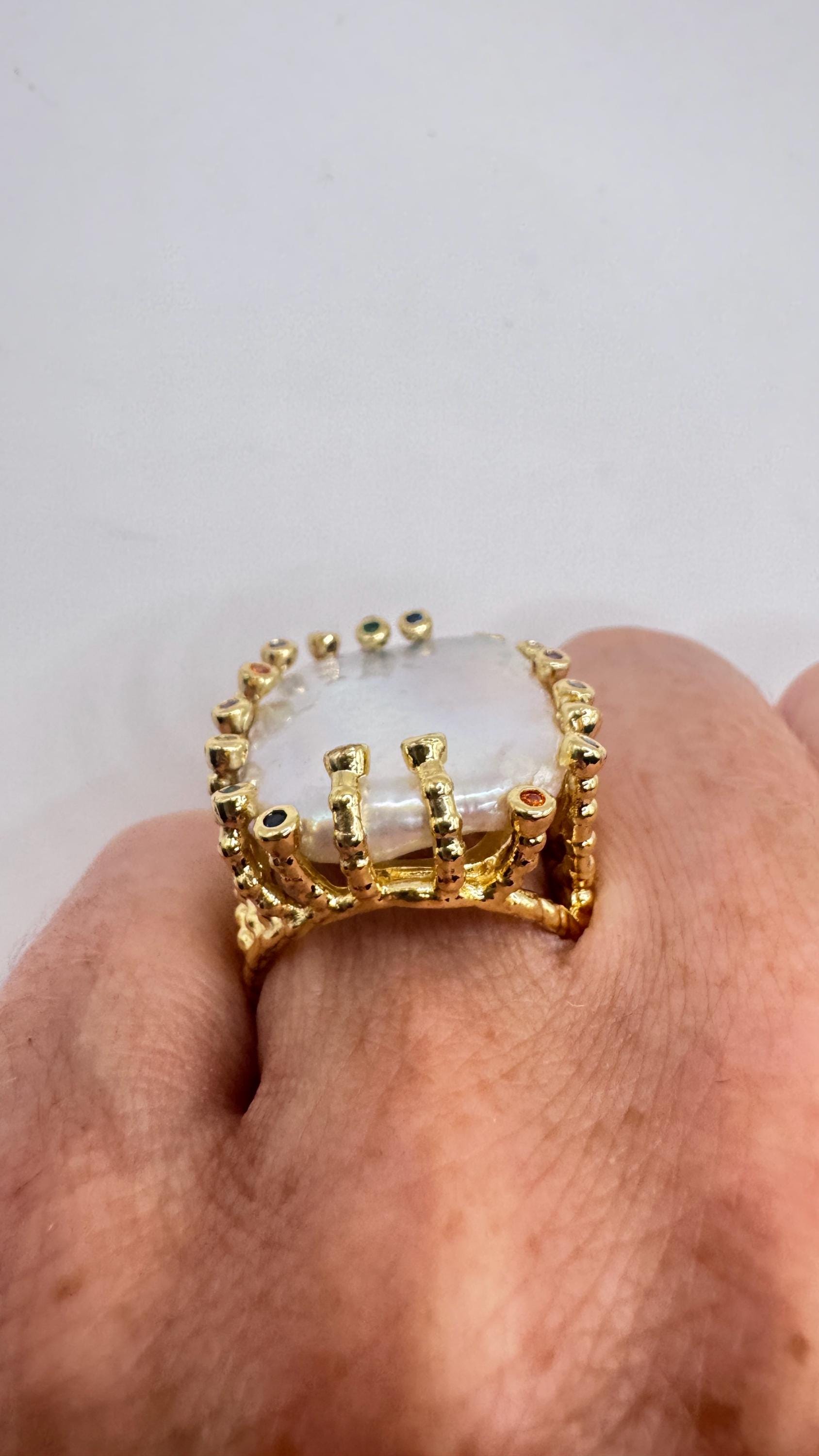 Vintage Biwa Pearl Ring Golden 925 Sterling Silver Cocktail Statement Adjustable