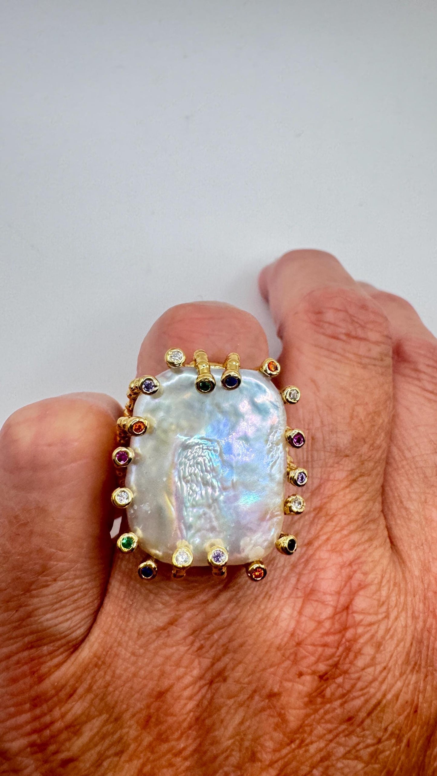 Vintage Biwa Pearl Ring Golden 925 Sterling Silver Cocktail Statement Adjustable