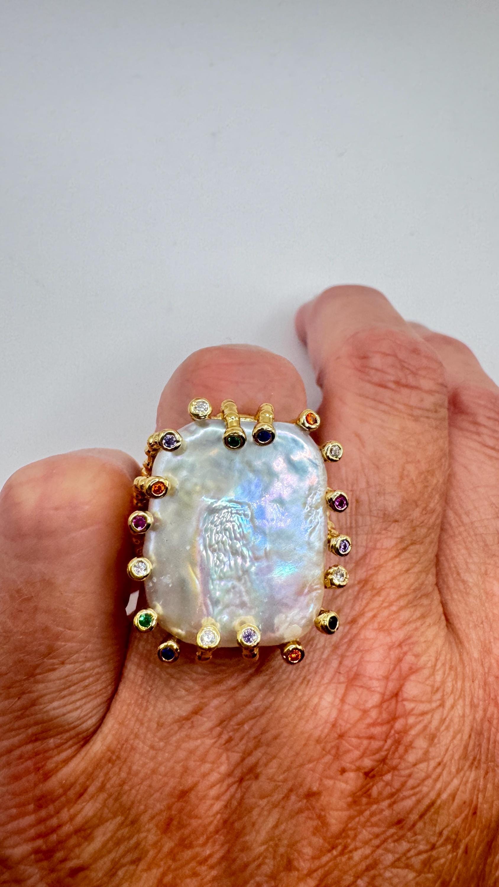Vintage Biwa Pearl Ring Golden 925 Sterling Silver Cocktail Statement Adjustable