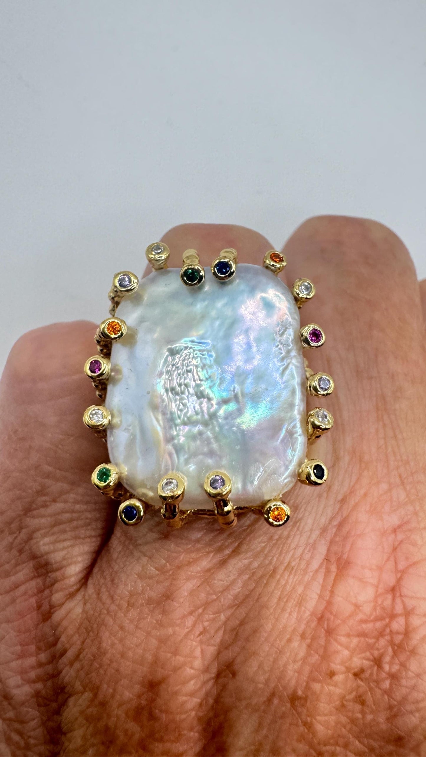 Vintage Biwa Pearl Ring Golden 925 Sterling Silver Cocktail Statement Adjustable