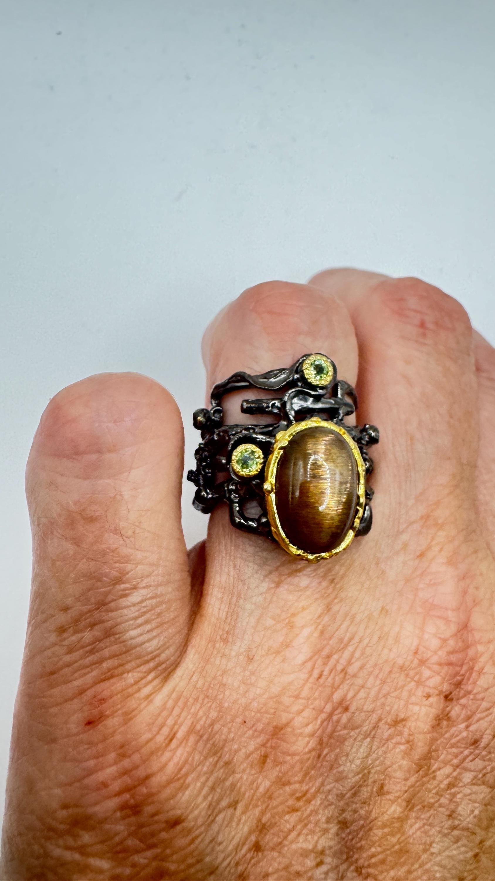 Vintage Golden Sunstone Cocktail Ring 925 Sterling Silver