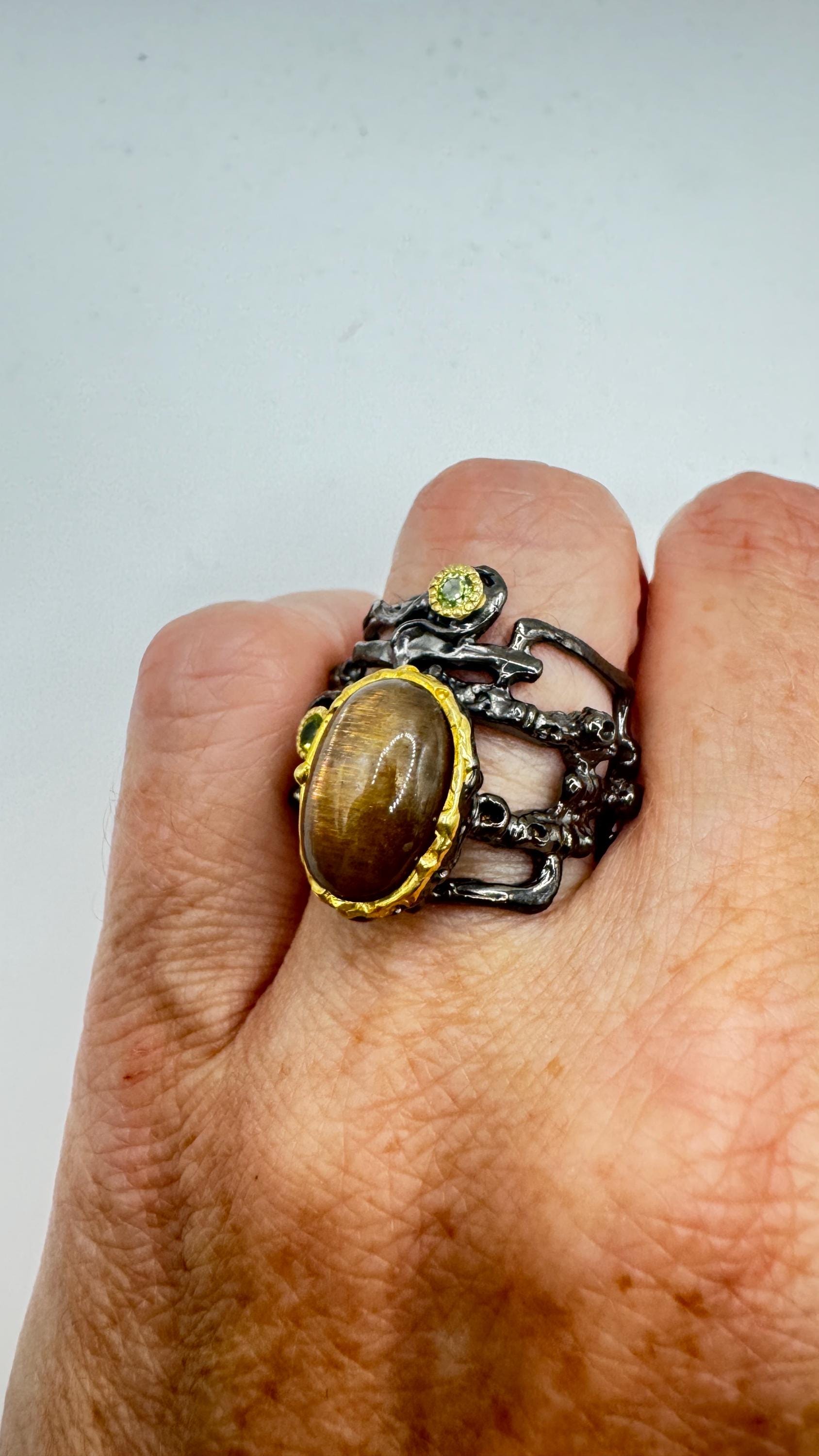 Vintage Golden Sunstone Cocktail Ring 925 Sterling Silver