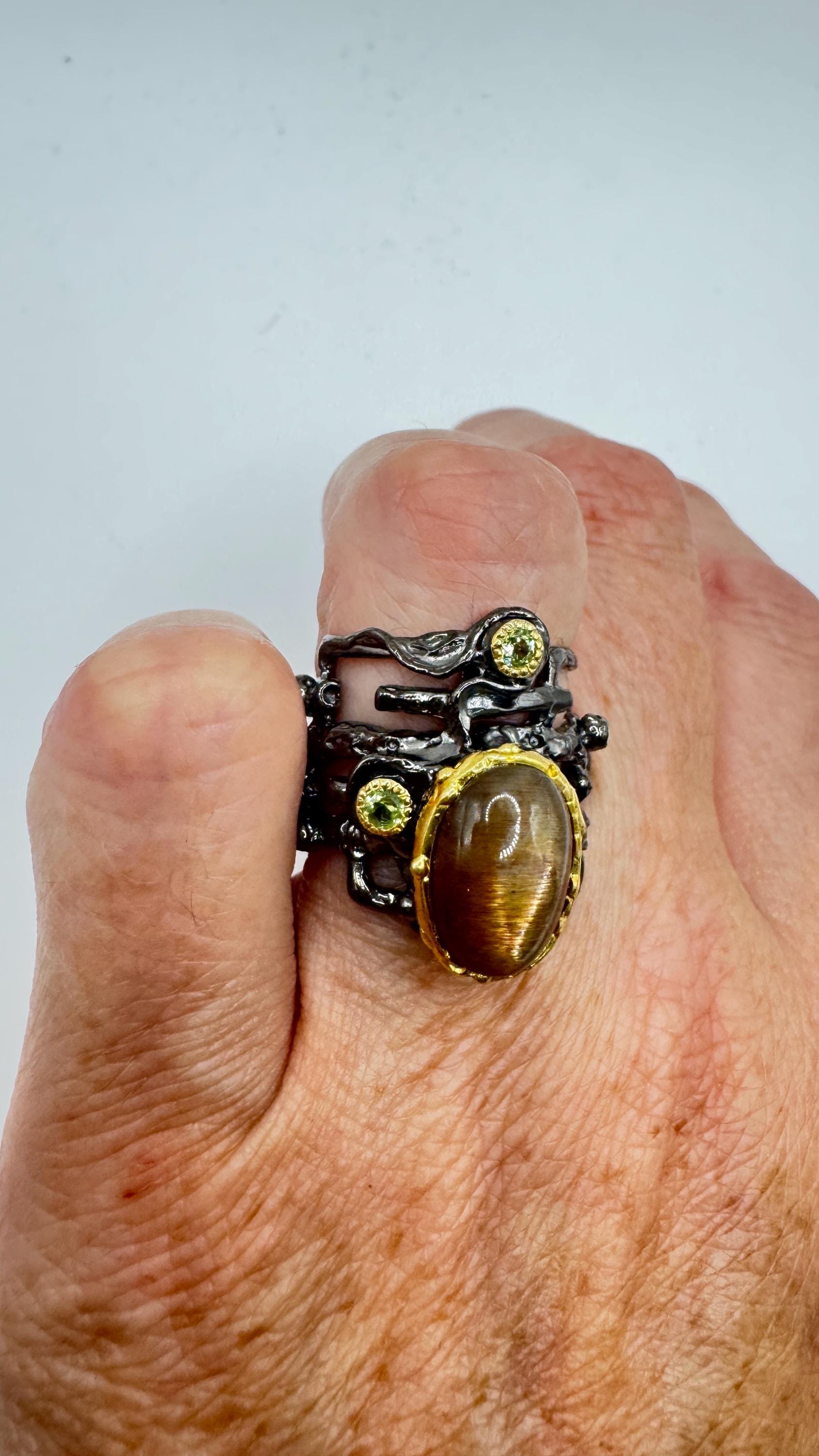 Vintage Golden Sunstone Cocktail Ring 925 Sterling Silver