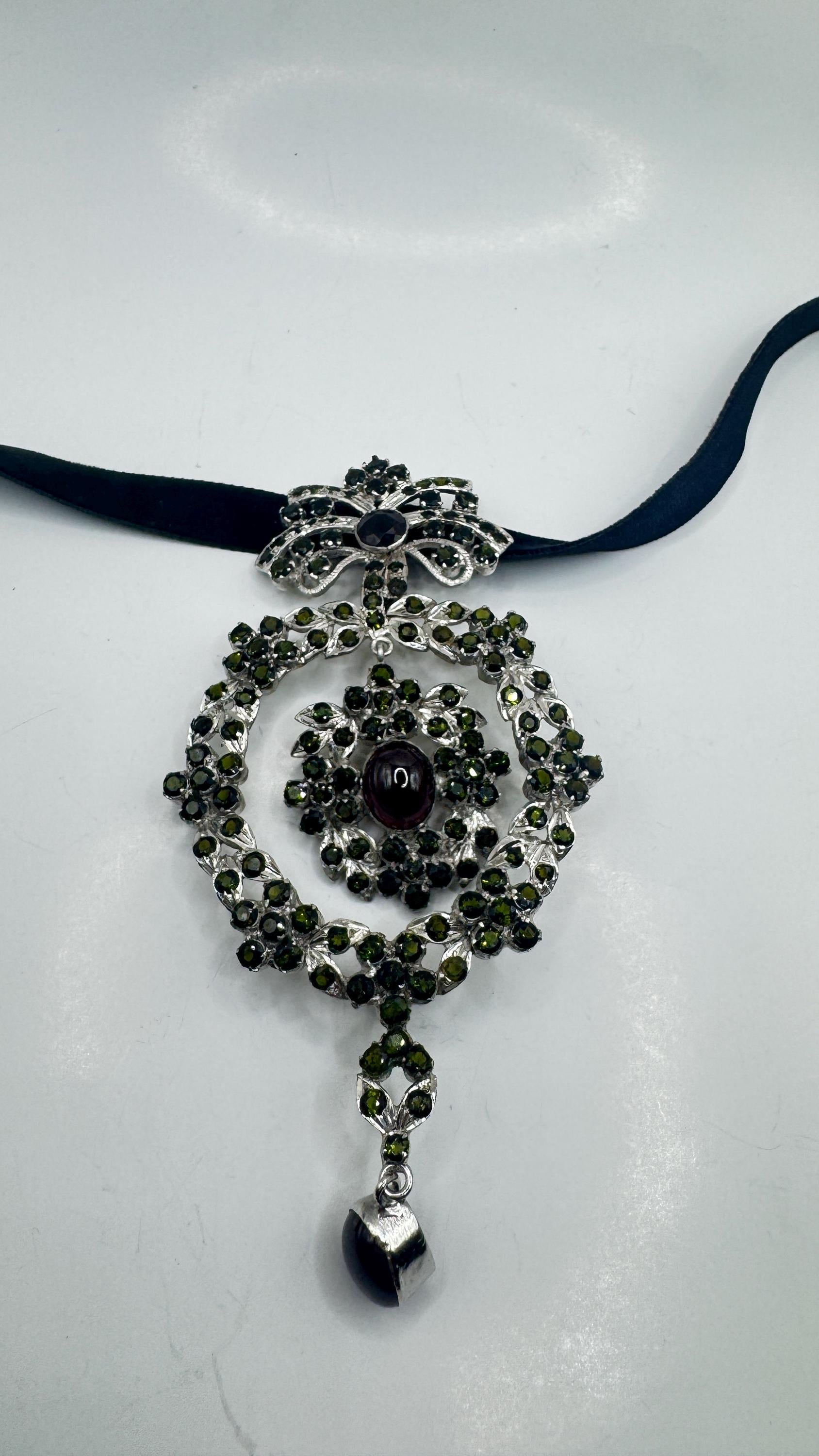 Vintage Green Toumaline 925 Sterling Silver Choker Deco Pendant